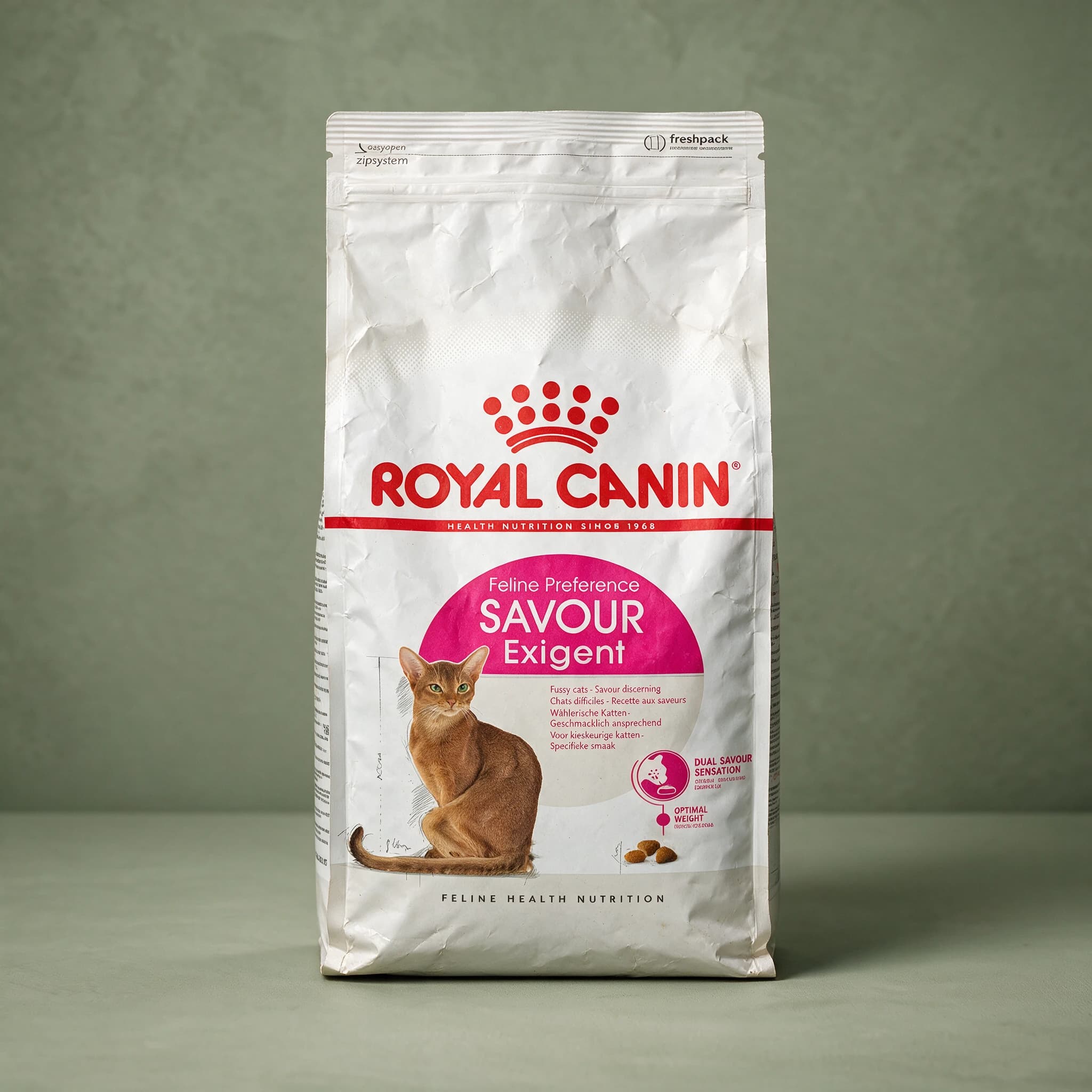 The white and pink Royal Canin Feline Preference Fussy Cat dry cat food bag with the red crown logo and an adult cat illustration, photographed against a plain sage green studio background.