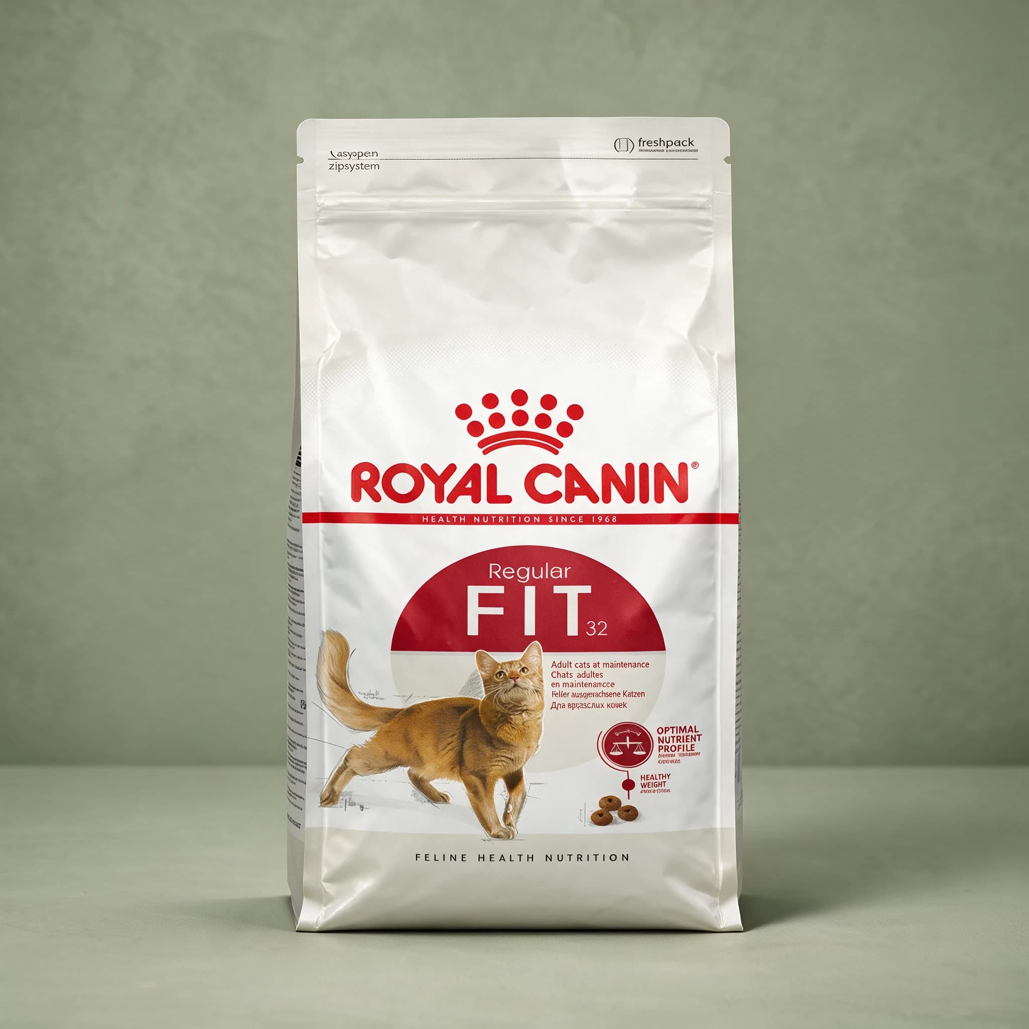 The white and red Royal Canin Fit Adult dry cat food bag, featuring a cat illustration and "Fit" life-stage branding, photographed against a plain sage green studio background.