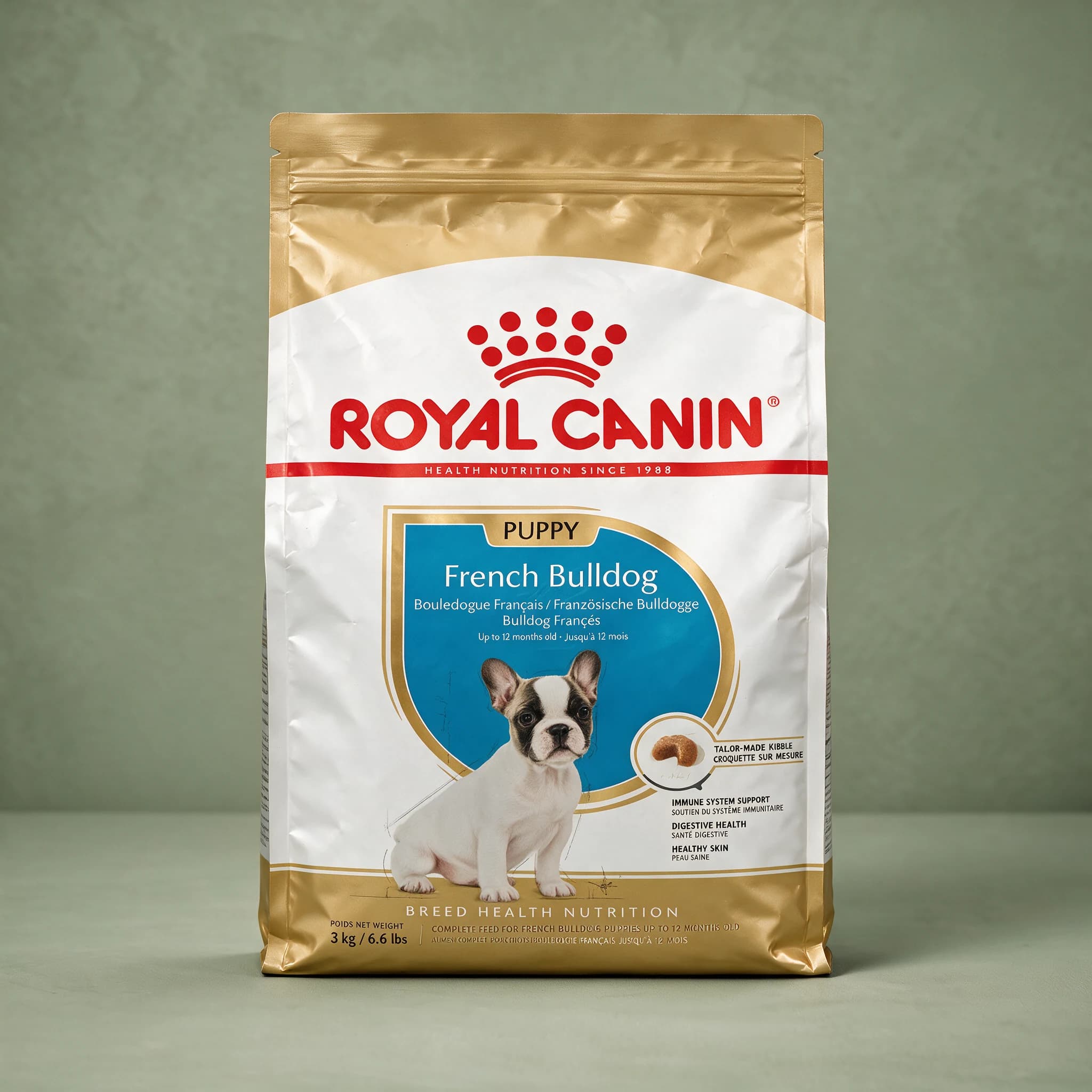 The white Royal Canin French Bulldog Puppy dry dog food bag featuring an illustration of a French Bulldog puppy, photographed against a sage green studio background.
