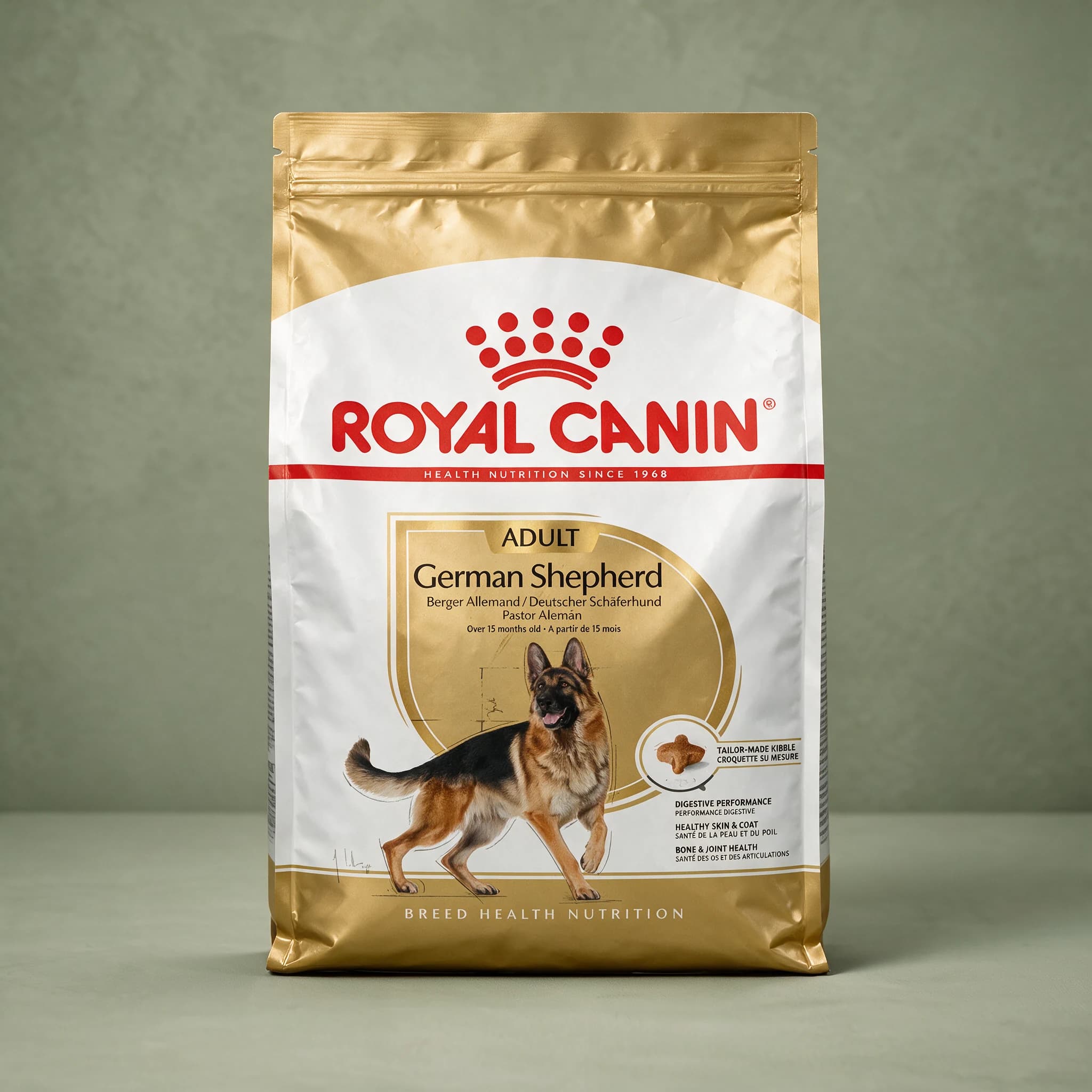 A gold and white Royal Canin German Shepherd Adult dry dog food bag with an illustrated German Shepherd on the front and "Breed Health Nutrition" branding, photographed against a sage green studio background.
