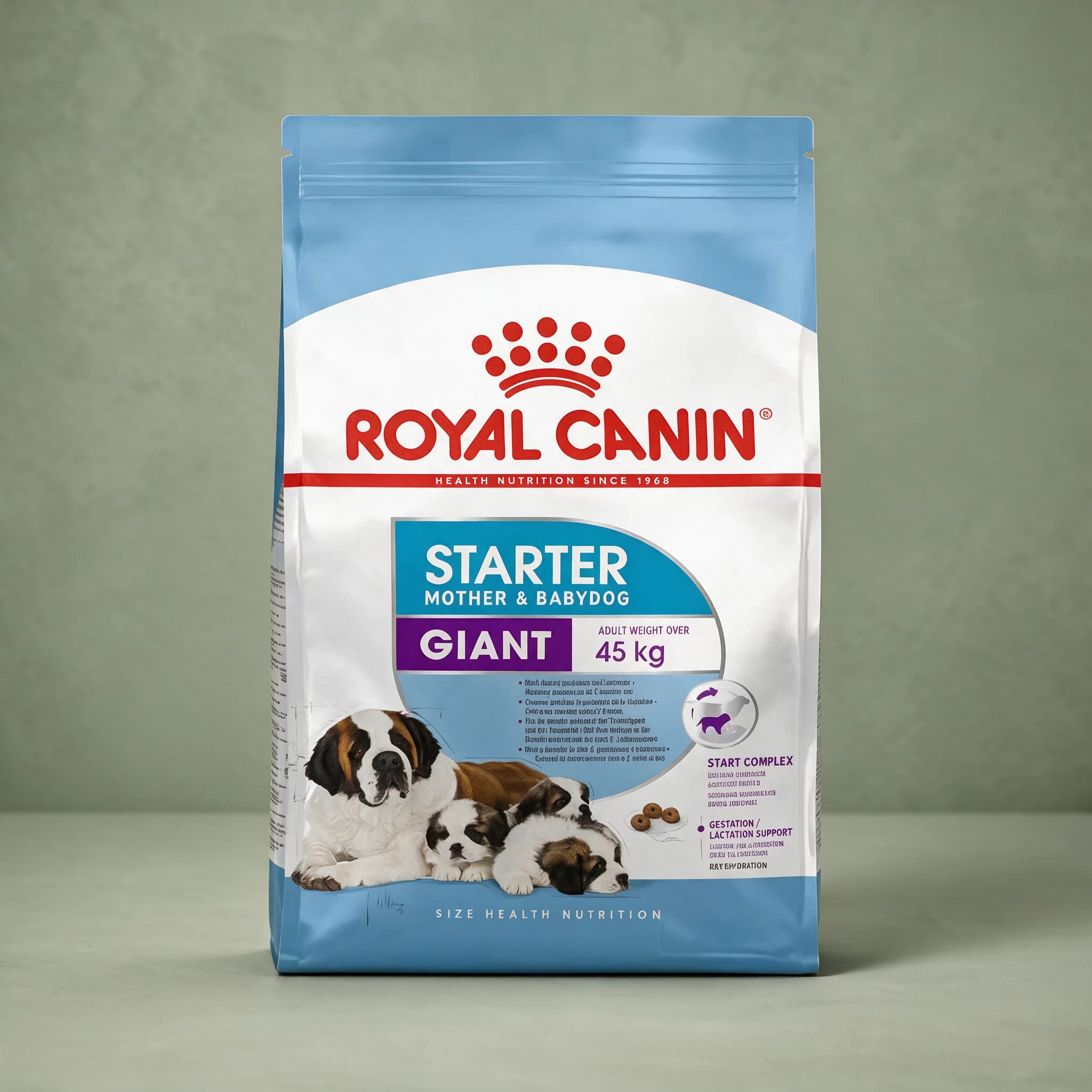 A blue Royal Canin bag labeled "Starter Mother & Babydog Giant" for dogs with an adult weight over 45kg, printed with an illustration of a Saint Bernard and her puppies, standing upright against a sage green studio background.