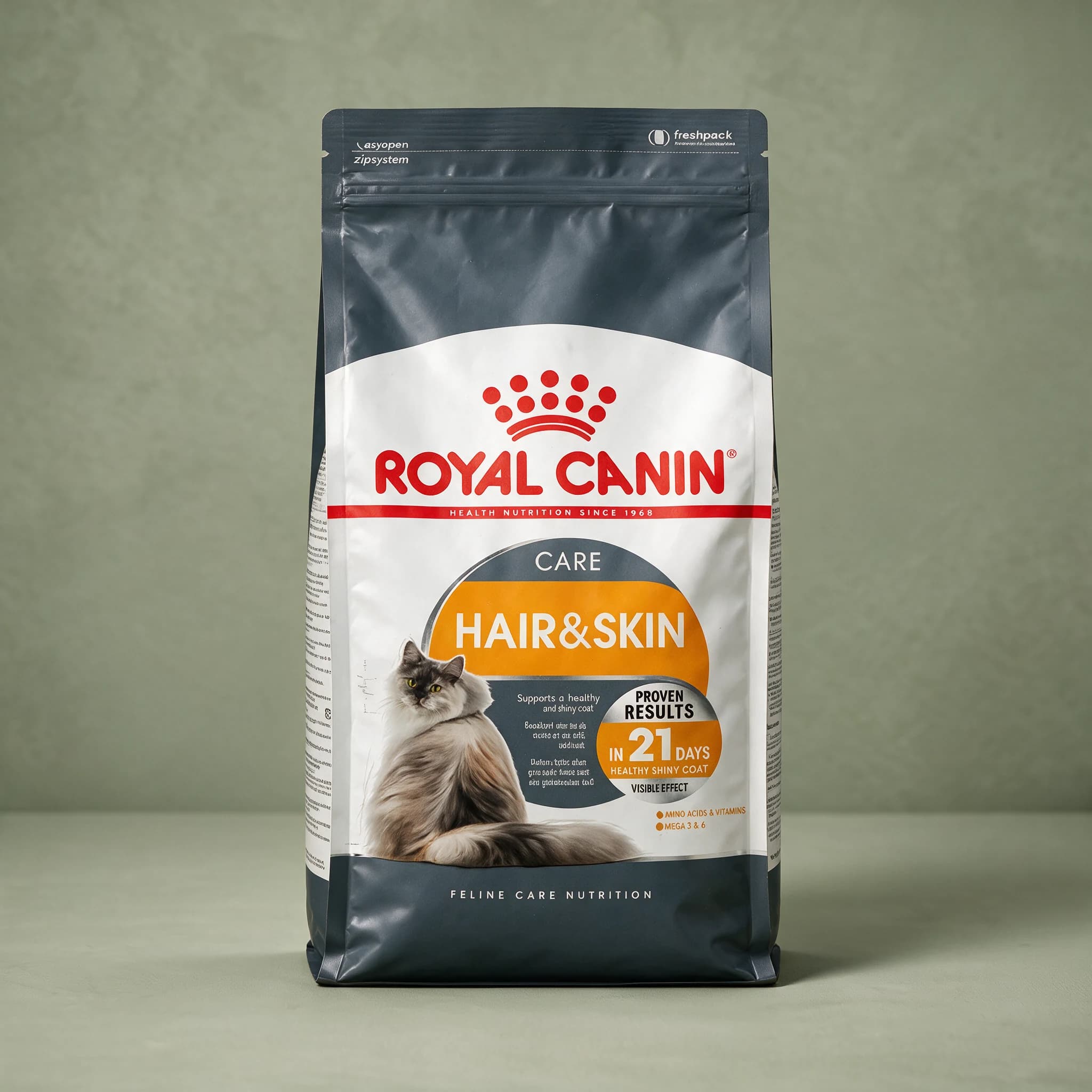 A white and pink Royal Canin bag labeled "Hair & Skin Care" for adult cats, standing upright against a sage green studio background.