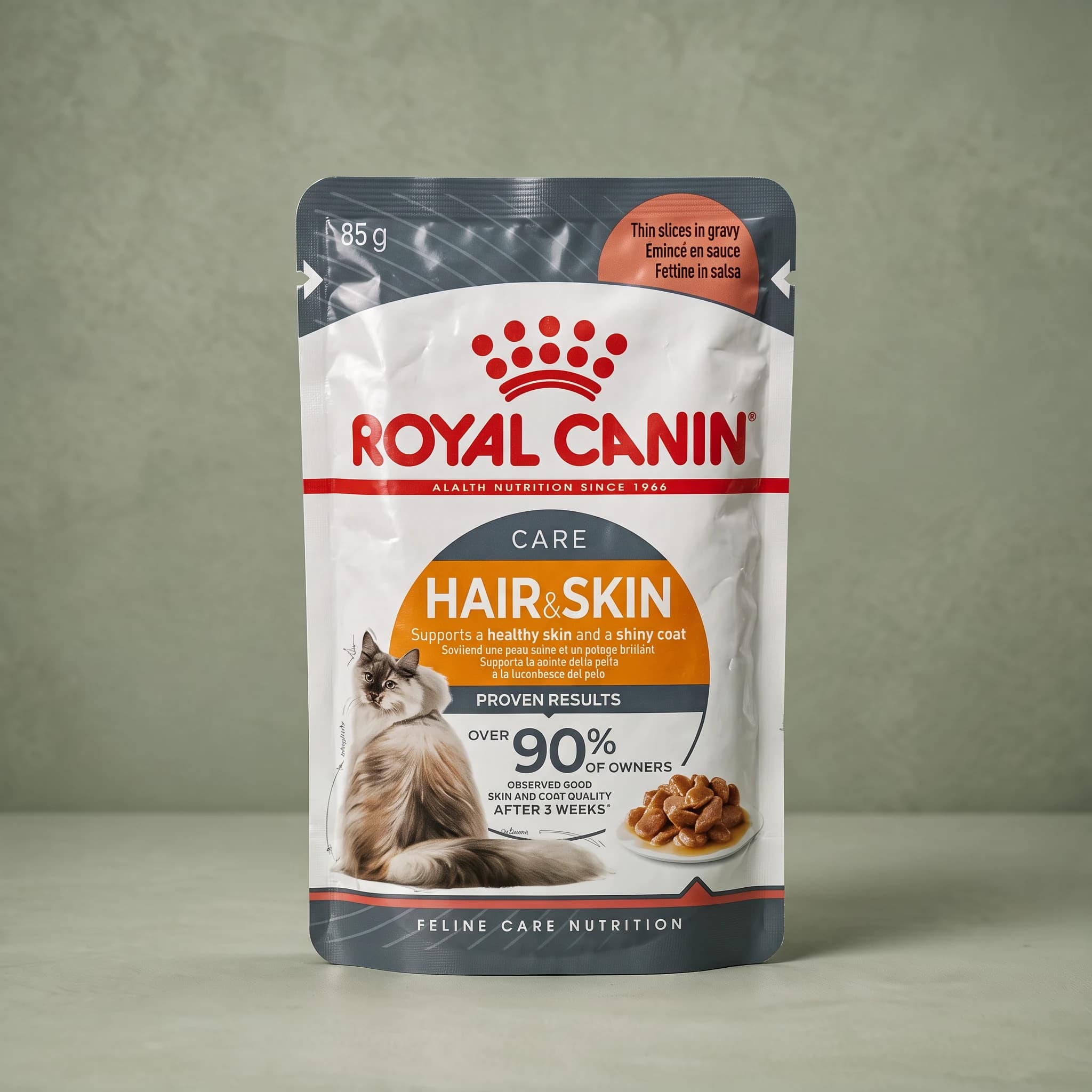 A Royal Canin Hair & Skin Care wet cat food pouch with the red crown logo and an adult cat illustration, standing upright against a plain sage green studio background.