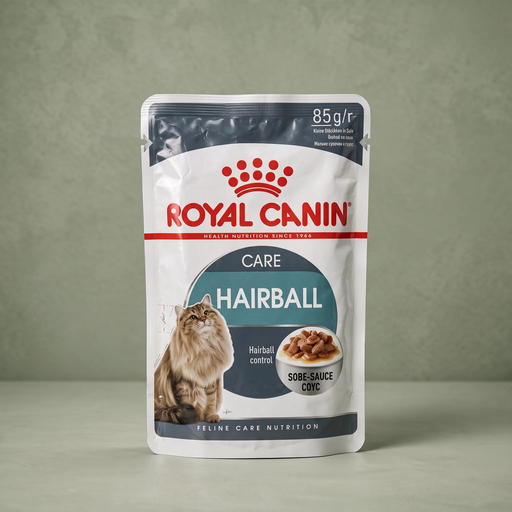 A white Royal Canin Hairball Care Adult wet cat food pouch with a blue accent band and cat illustration, photographed upright against a sage green studio background.