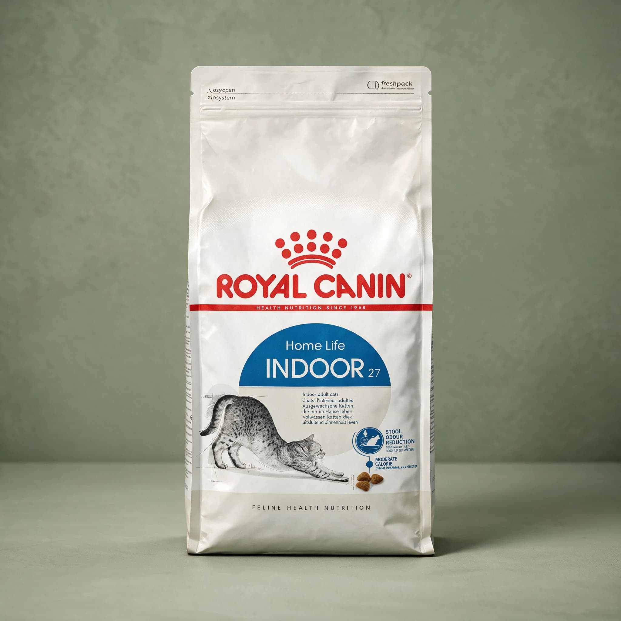The Royal Canin Indoor Adult dry cat food bag with the red crown logo and an adult cat illustration, photographed against a plain sage green studio background.
