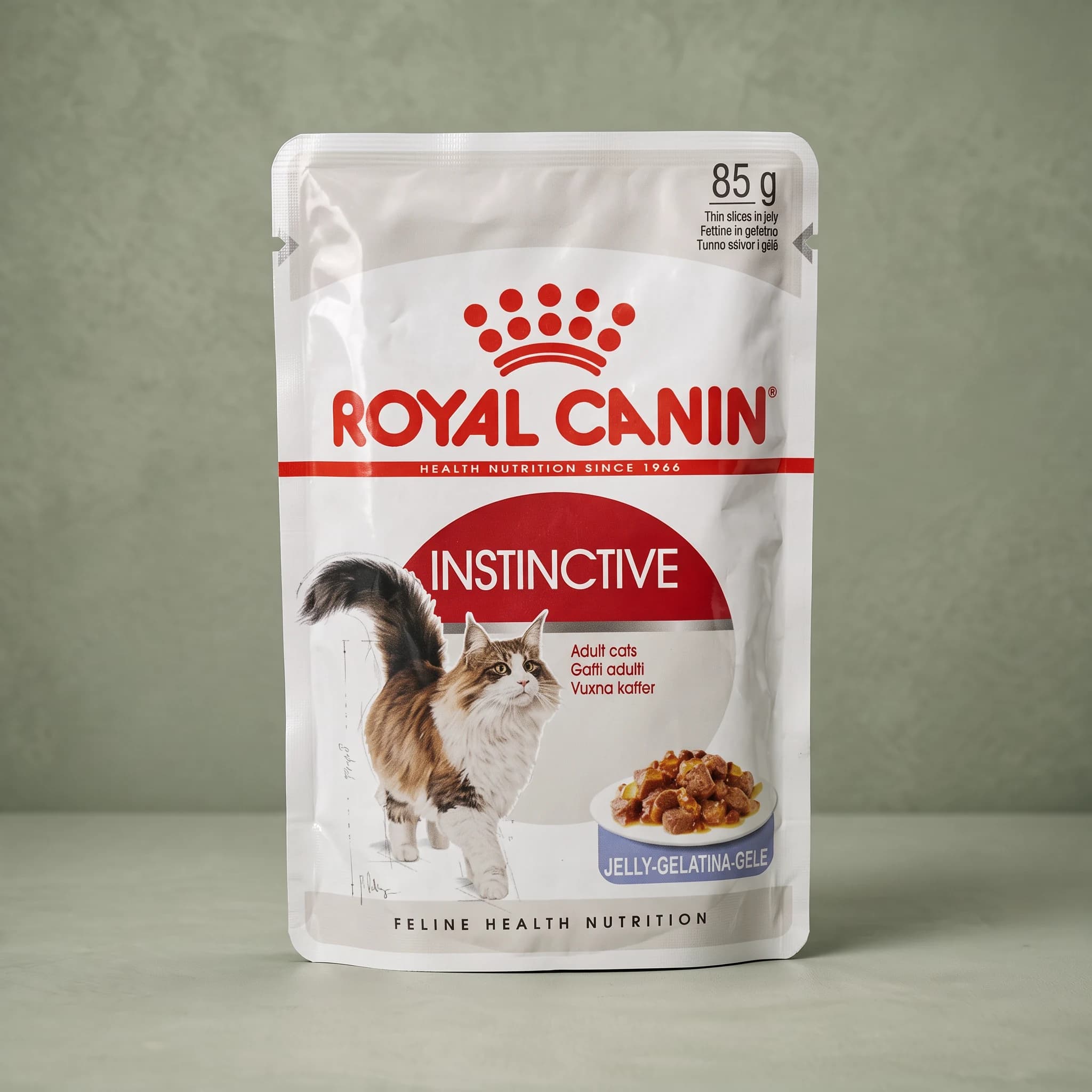 A Royal Canin foil pouch labeled "Instinctive" in jelly for adult cats, standing upright against a sage green studio background.
