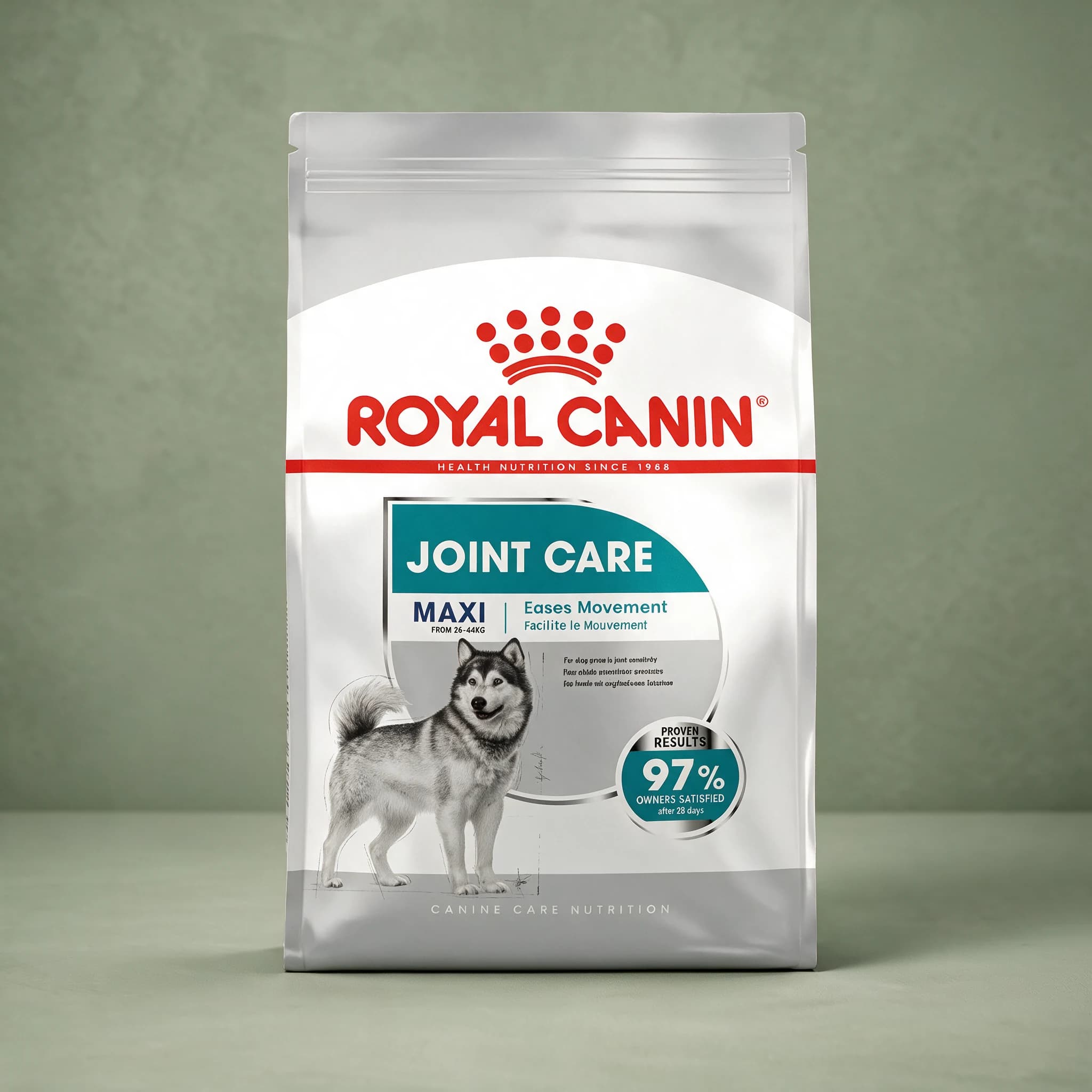A Royal Canin Joint Care Maxi Adult dry dog food bag featuring a large-breed dog illustration and joint health callouts, photographed against a plain sage green studio background.