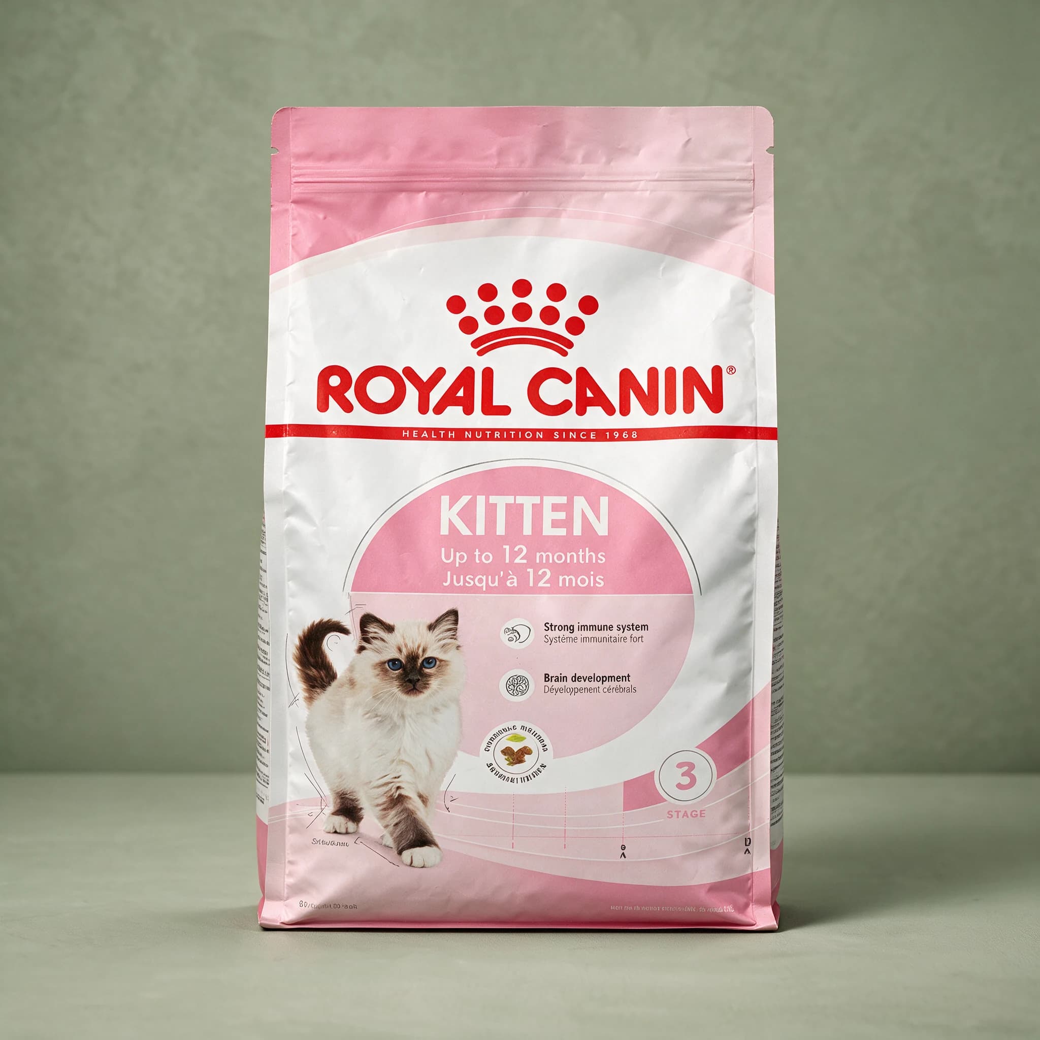 A white and gold Royal Canin bag labeled "Kitten" for growing cats, standing upright against a sage green studio background.