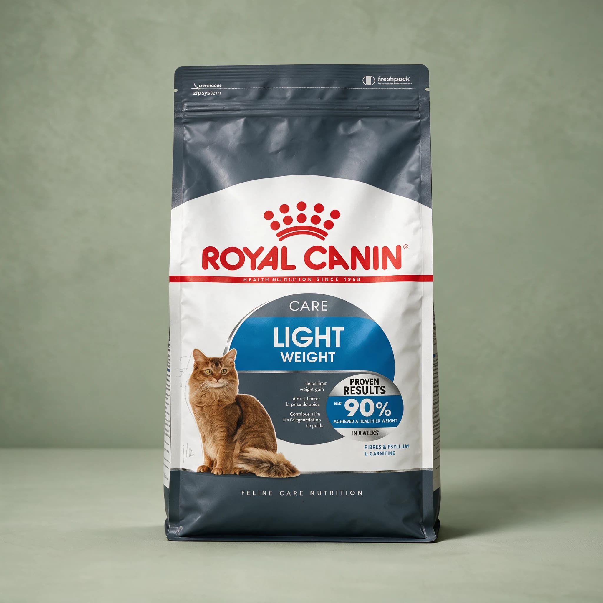 The white and blue Royal Canin Light Weight Care Adult dry cat food bag with a cat illustration and weight-management callout on the front, set against a sage green studio background.