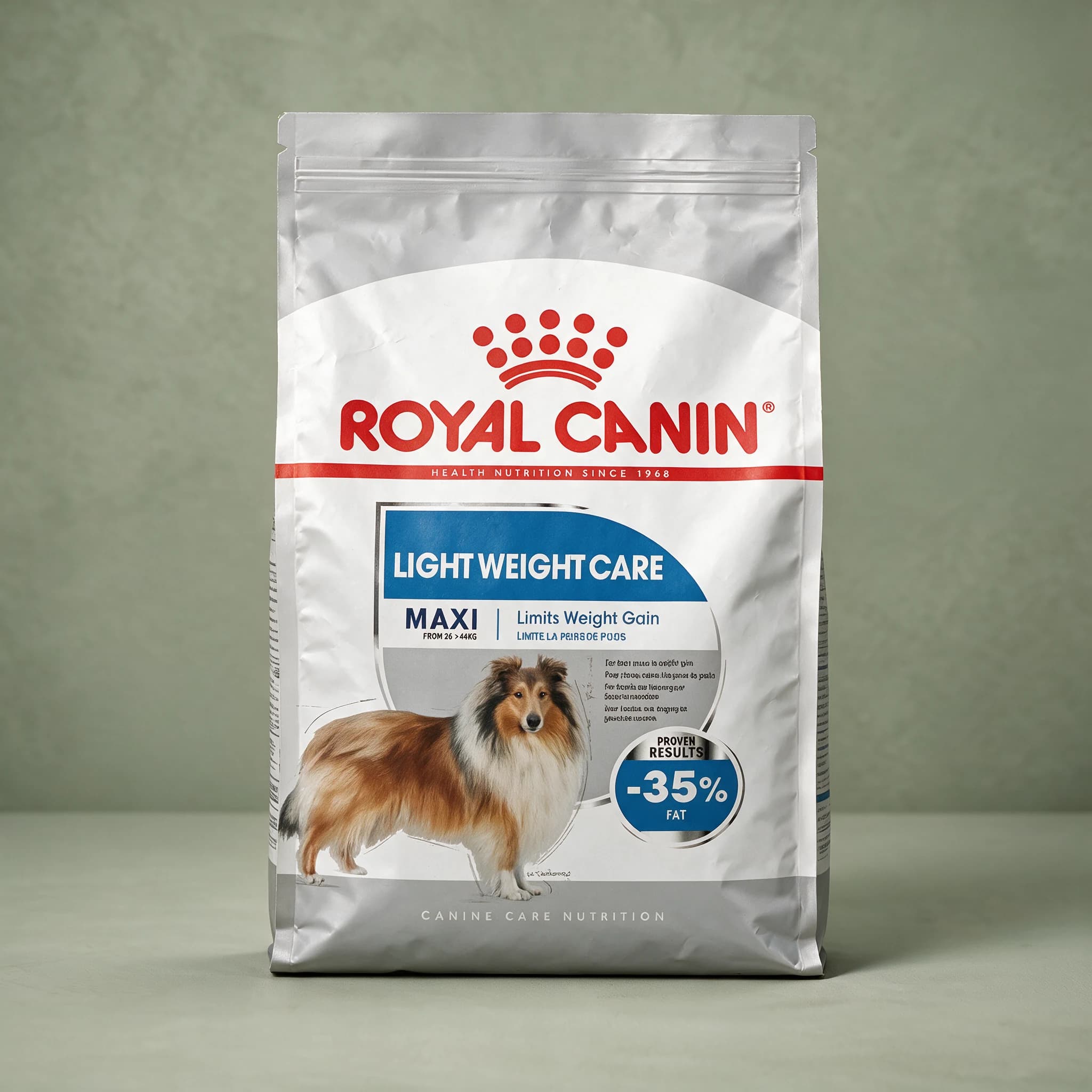 A Royal Canin Light Weight Care Maxi Adult dry dog food bag with a large-breed dog illustration and weight-management callouts, photographed against a plain sage green studio background.