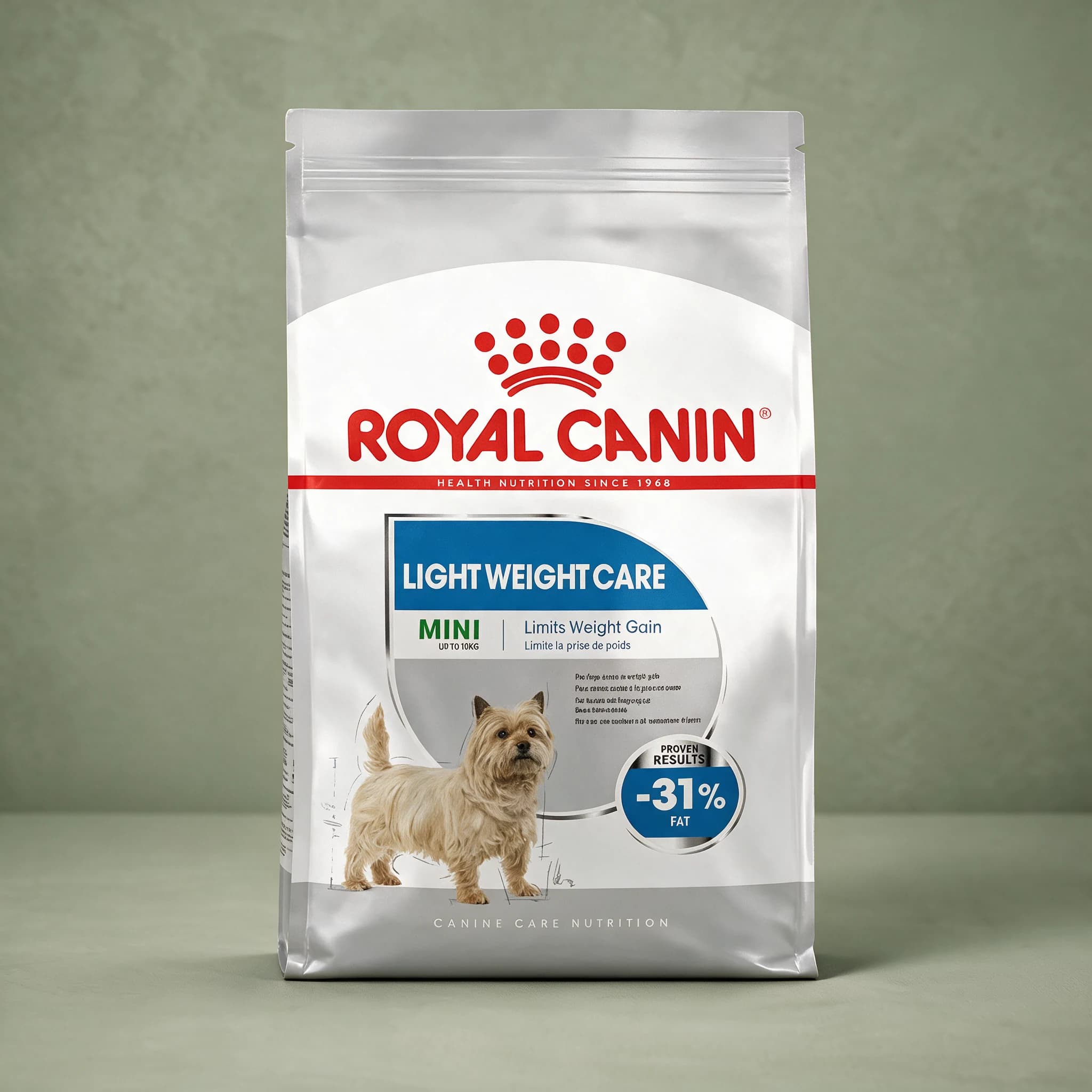 A white and purple-pink Royal Canin bag labeled "Light Weight Care Mini" for weight management in small adult dogs, standing upright against a sage green studio background.