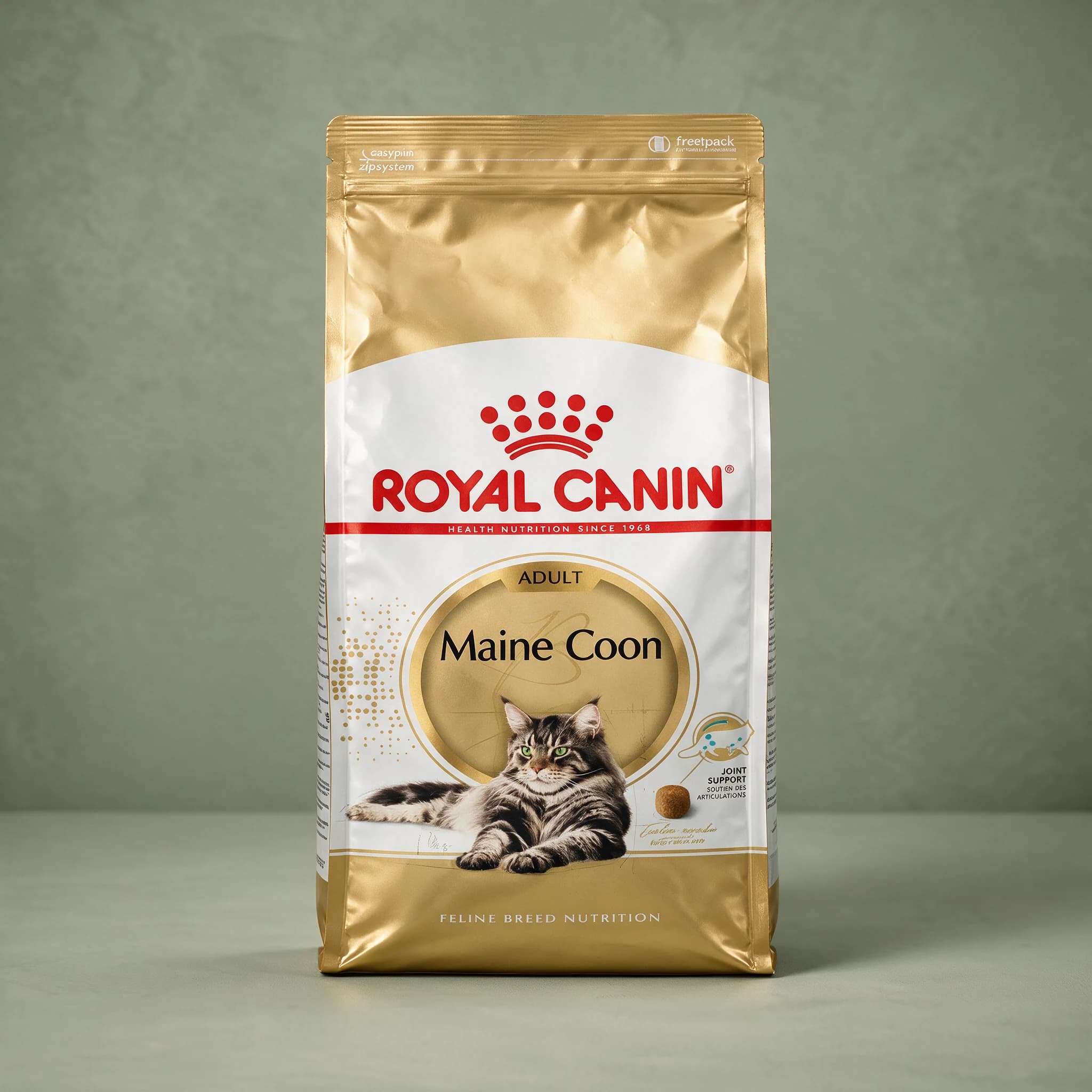 The gold and white Royal Canin Breed Health Nutrition bag labeled "Maine Coon Adult" with an illustration of a Maine Coon cat, photographed against a plain sage green studio background.