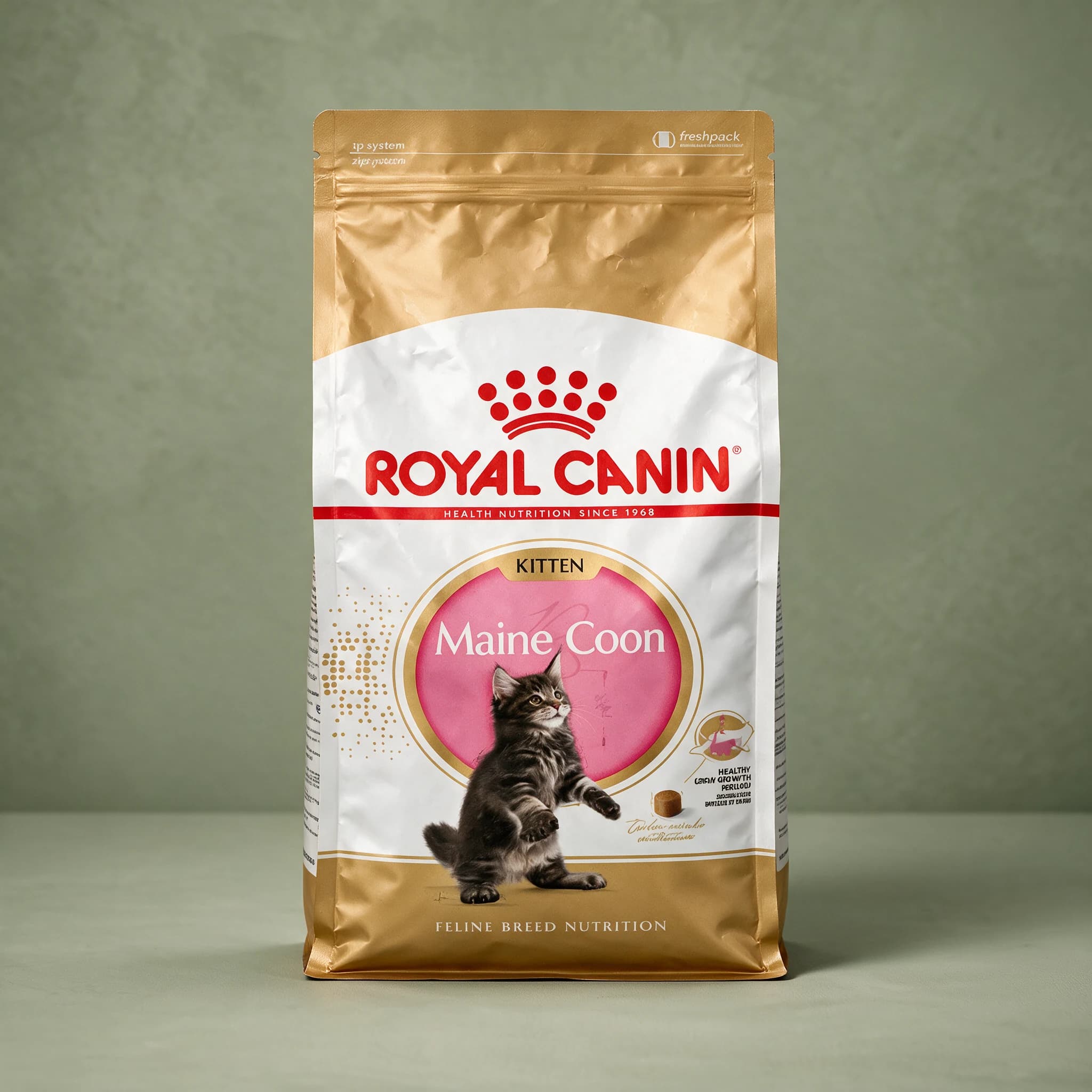 The gold and white Royal Canin Breed Health Nutrition bag labeled "Maine Coon Kitten" with an illustration of a Maine Coon kitten, photographed against a plain sage green studio background.