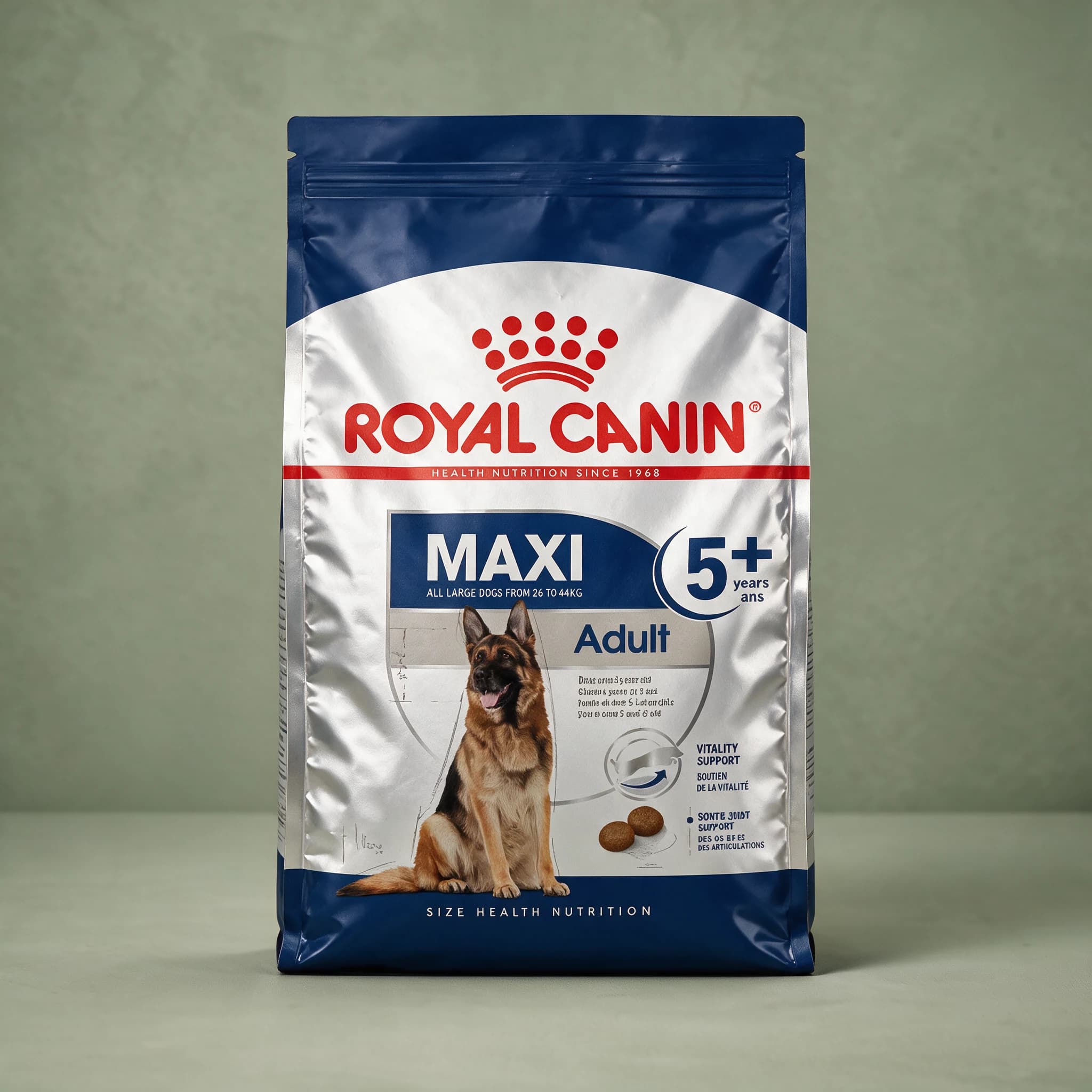 The blue and white Royal Canin Maxi Adult 5+ dry dog food bag, labelled for large breeds aged five and up, with an illustration of a large adult dog printed on the front, photographed against a plain sage green studio background.