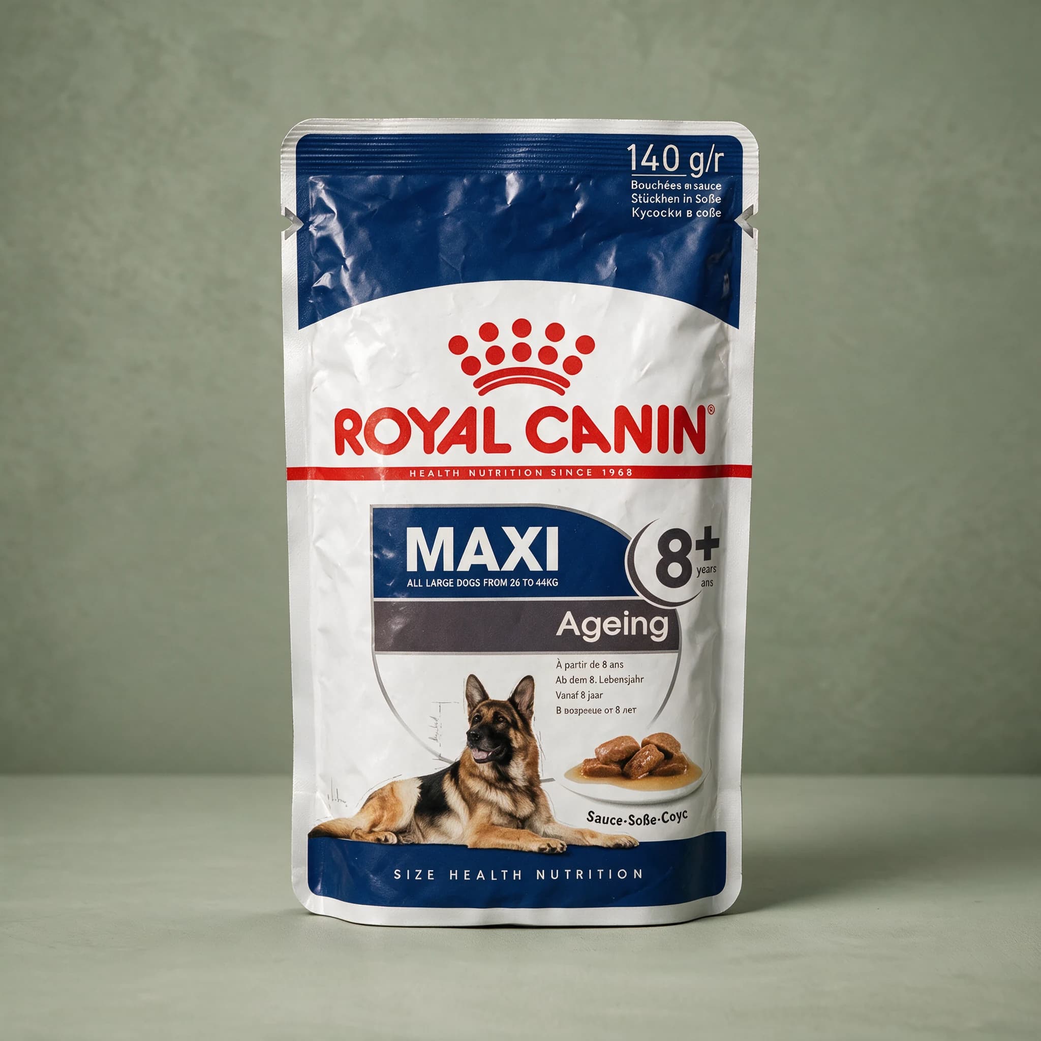 The navy and white 140g Royal Canin Maxi Ageing 8+ wet dog food pouch, featuring an illustration of a German Shepherd lying down beside a plate of chunks in sauce, photographed against a plain sage green studio background.