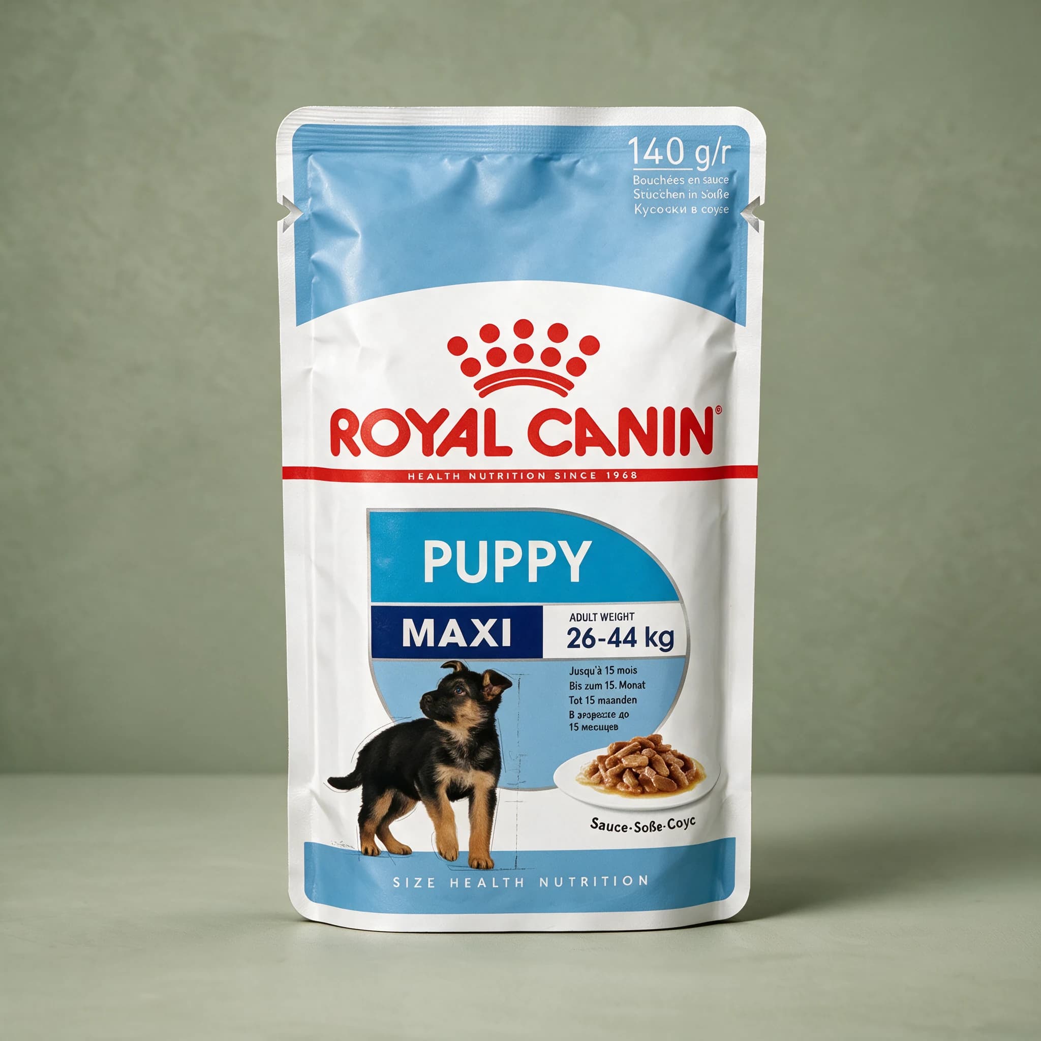 A light blue and white Royal Canin foil pouch labeled "Puppy Maxi," 140g chunks in sauce, printed with a German Shepherd puppy illustration, standing upright against a sage green studio background.