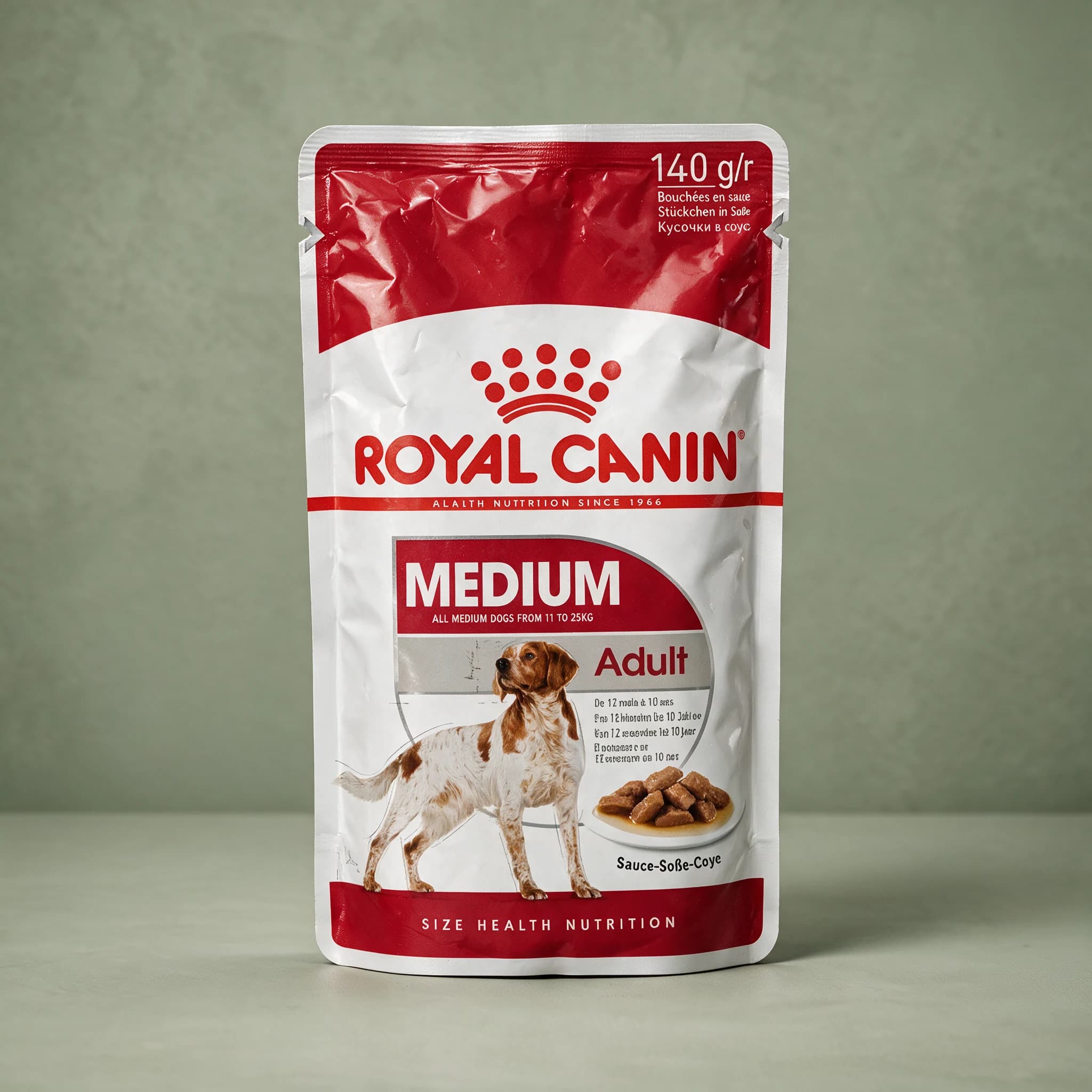 A red and white Royal Canin "Medium Adult" wet dog food pouch with the red crown logo, an illustration of a red-and-white spotted dog, and a "140g/r, Sauce-Soße-Coye" chunks-in-sauce label, standing upright against a plain sage green studio background.