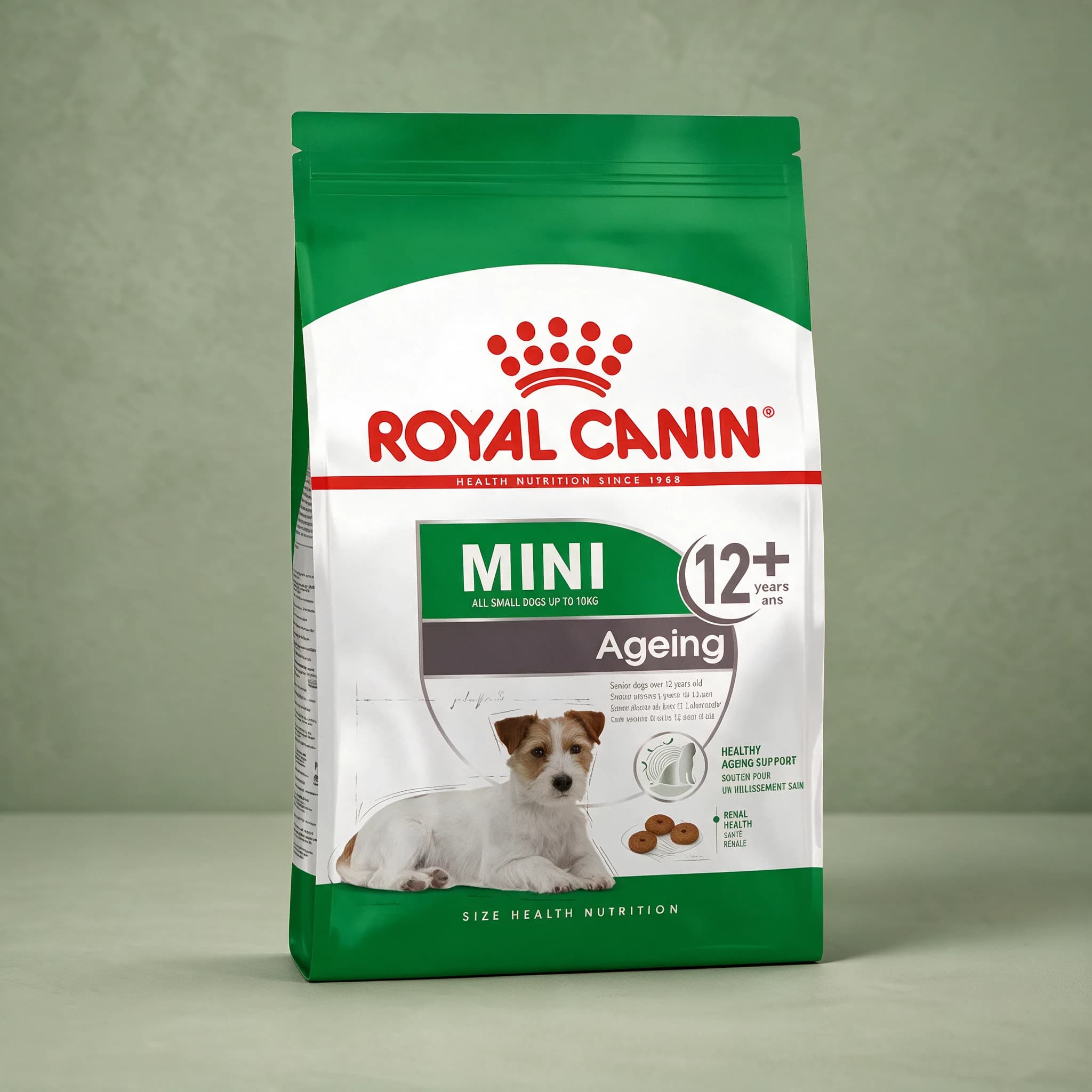 The grey and white Royal Canin Mini Ageing dry dog food bag, featuring a small senior dog illustration and life-stage branding, photographed against a plain sage green studio background.