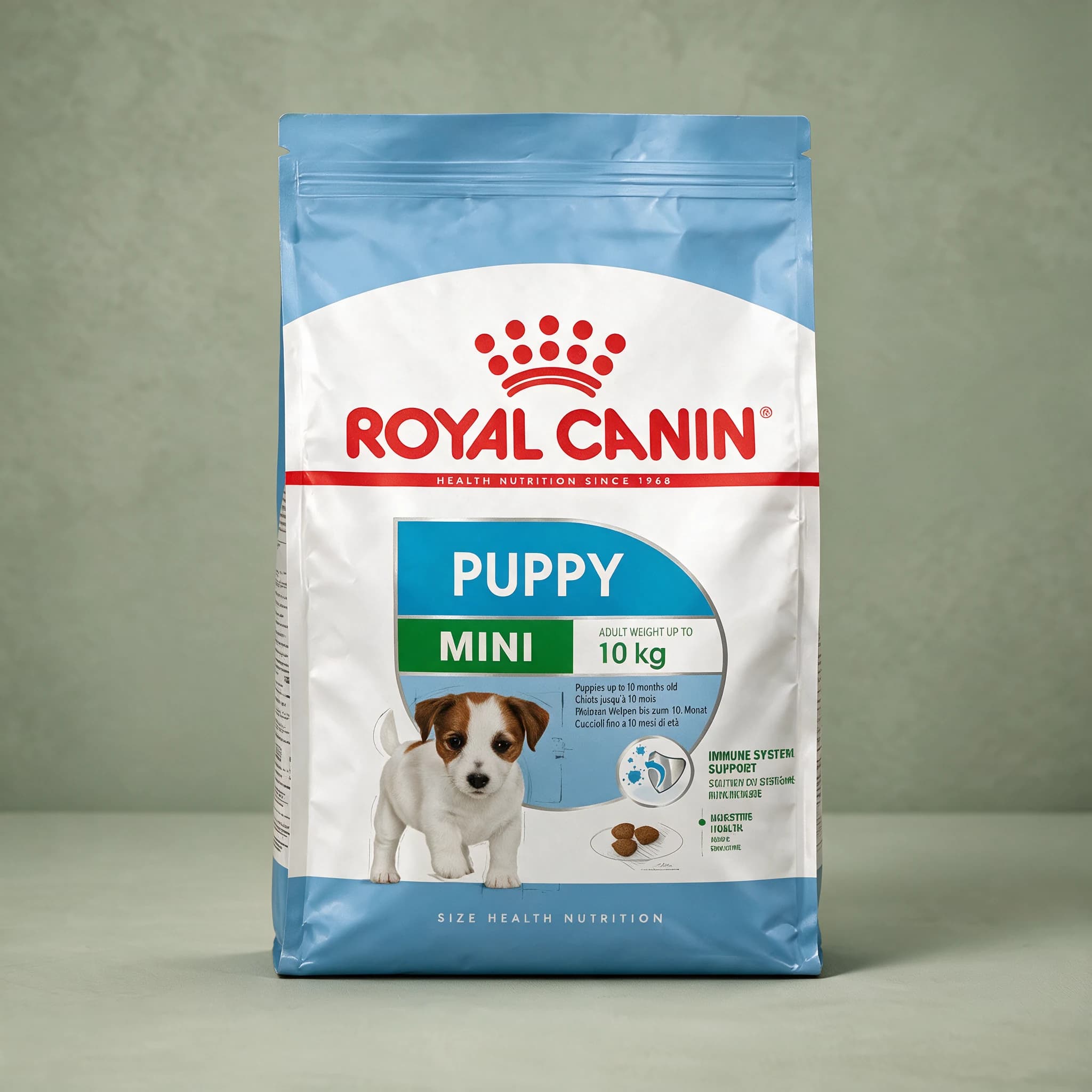 The blue and white Royal Canin Mini Puppy dry dog food bag with the red crown logo, labeled "PUPPY MINI" with a small-breed puppy illustration, photographed against a plain sage green studio background.