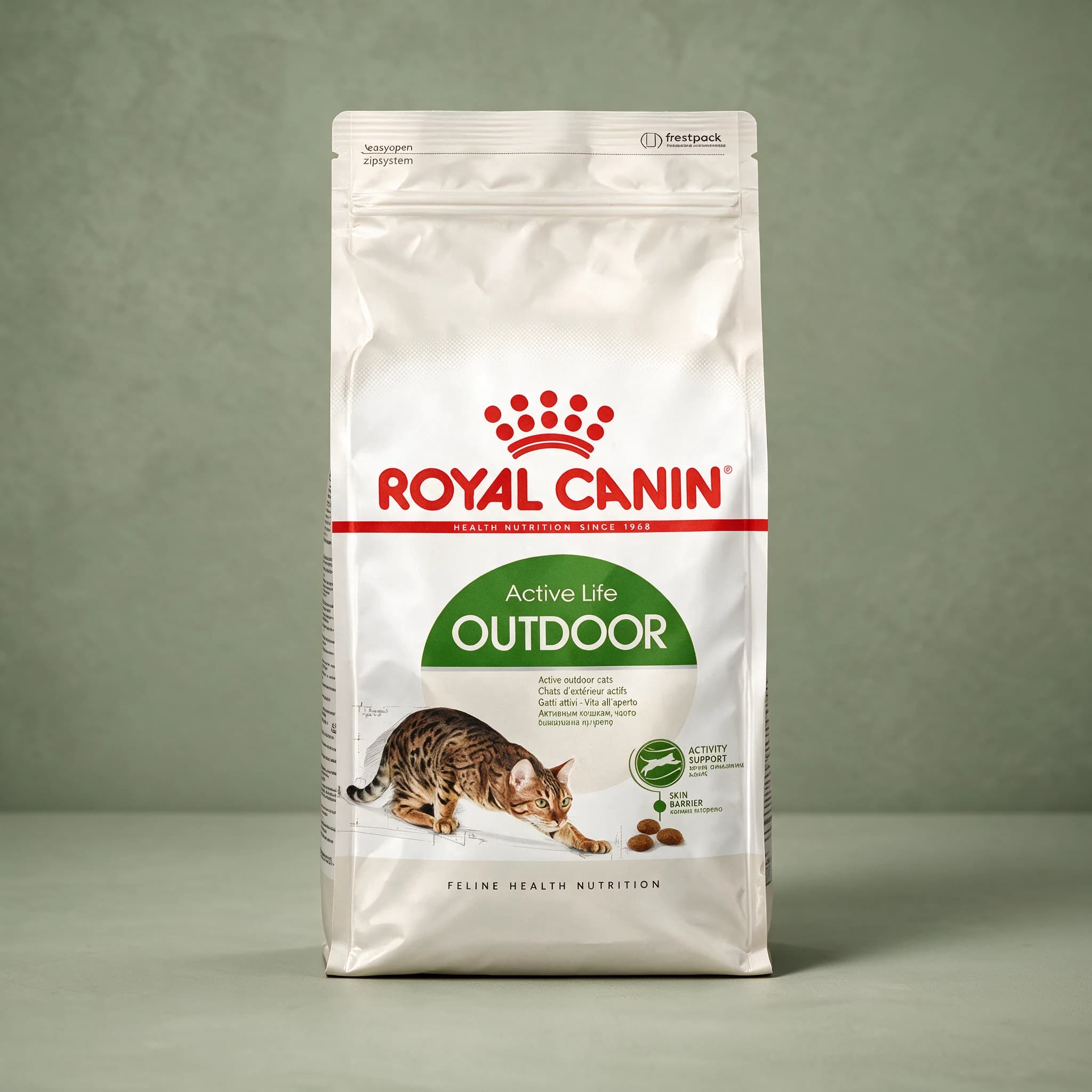 A green and white Royal Canin Outdoor Adult dry cat food bag featuring a cat illustration, photographed against a plain sage green studio background.