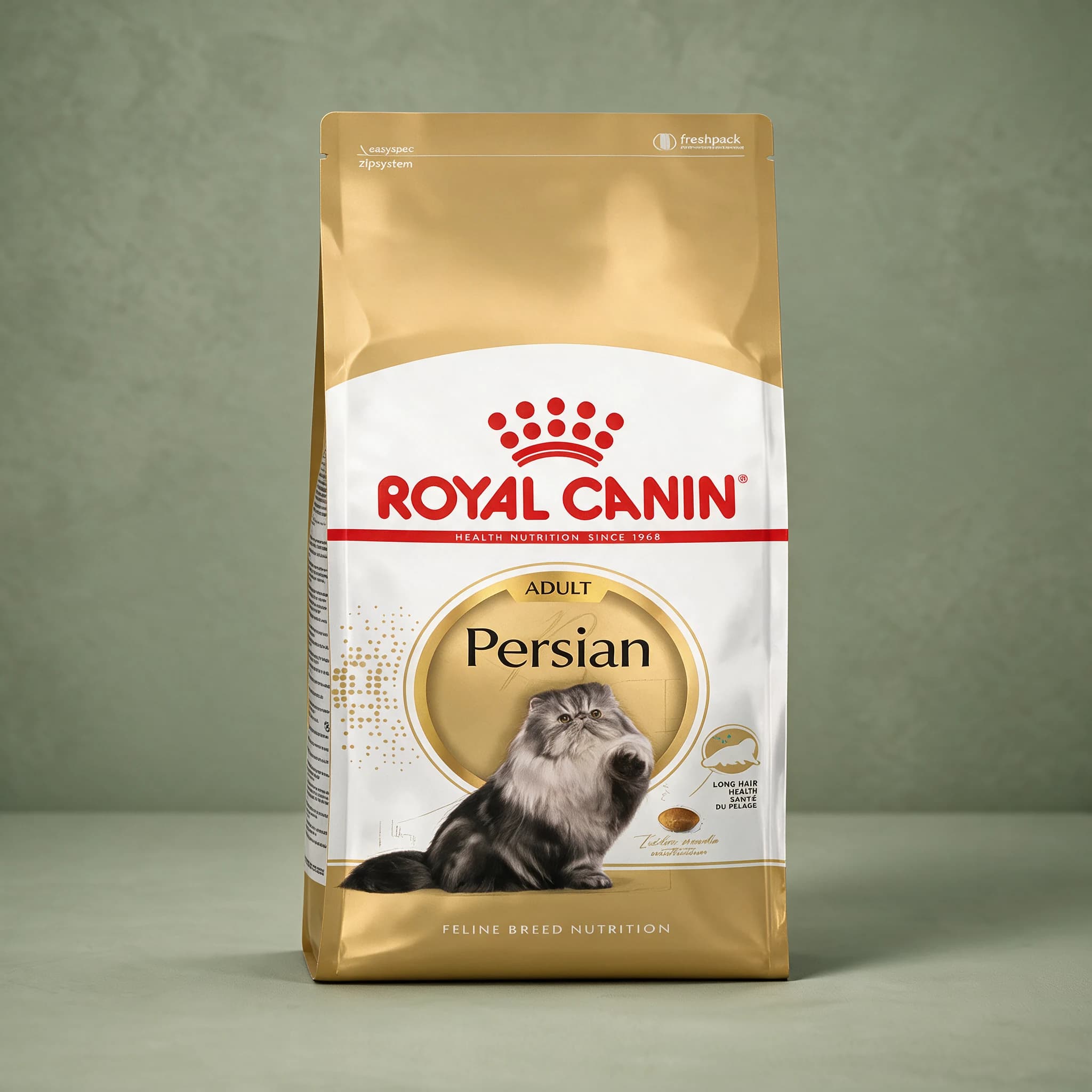 The gold Royal Canin Persian Adult dry cat food bag, featuring an illustration of a cream longhaired Persian cat and breed-specific branding, photographed against a plain sage green studio background.