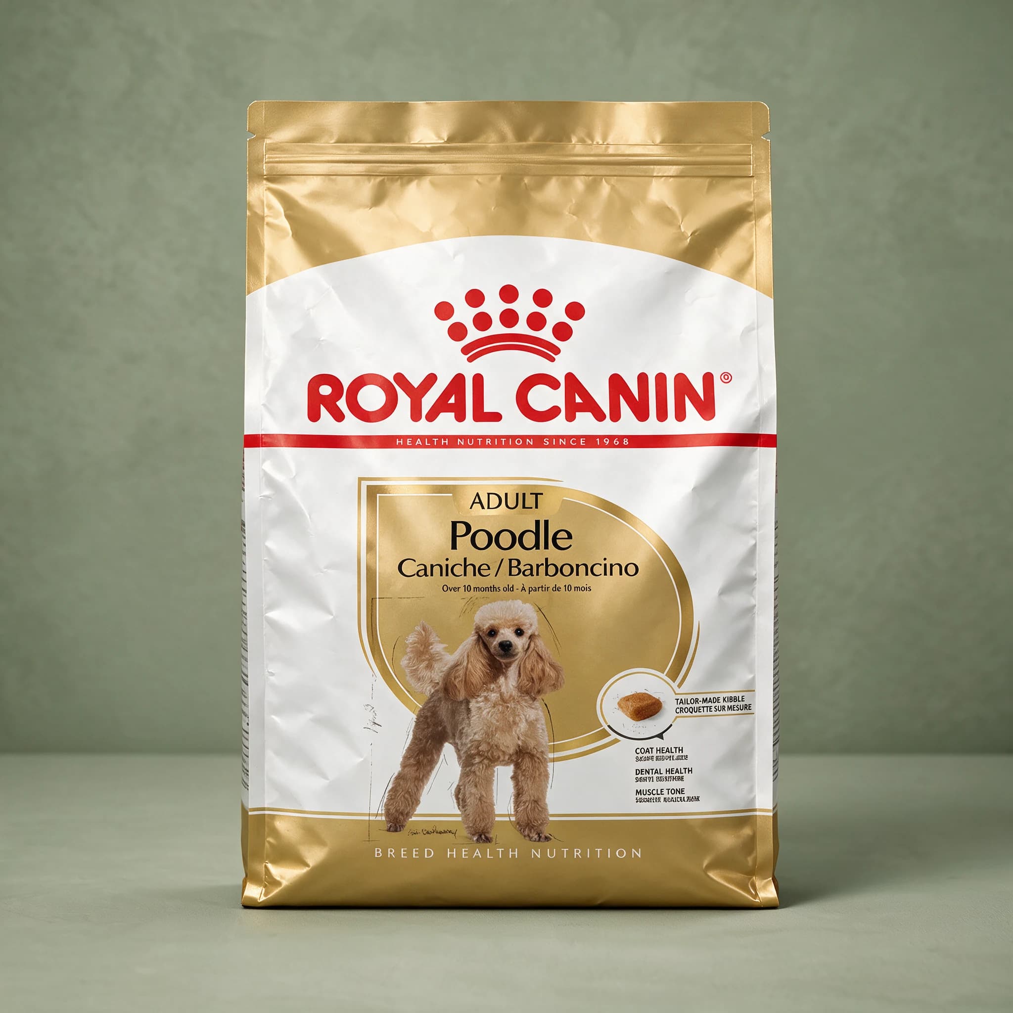 The gold and white Royal Canin Breed Health Nutrition bag labeled "Poodle Adult" with an illustration of a Poodle, photographed against a plain sage green studio background.