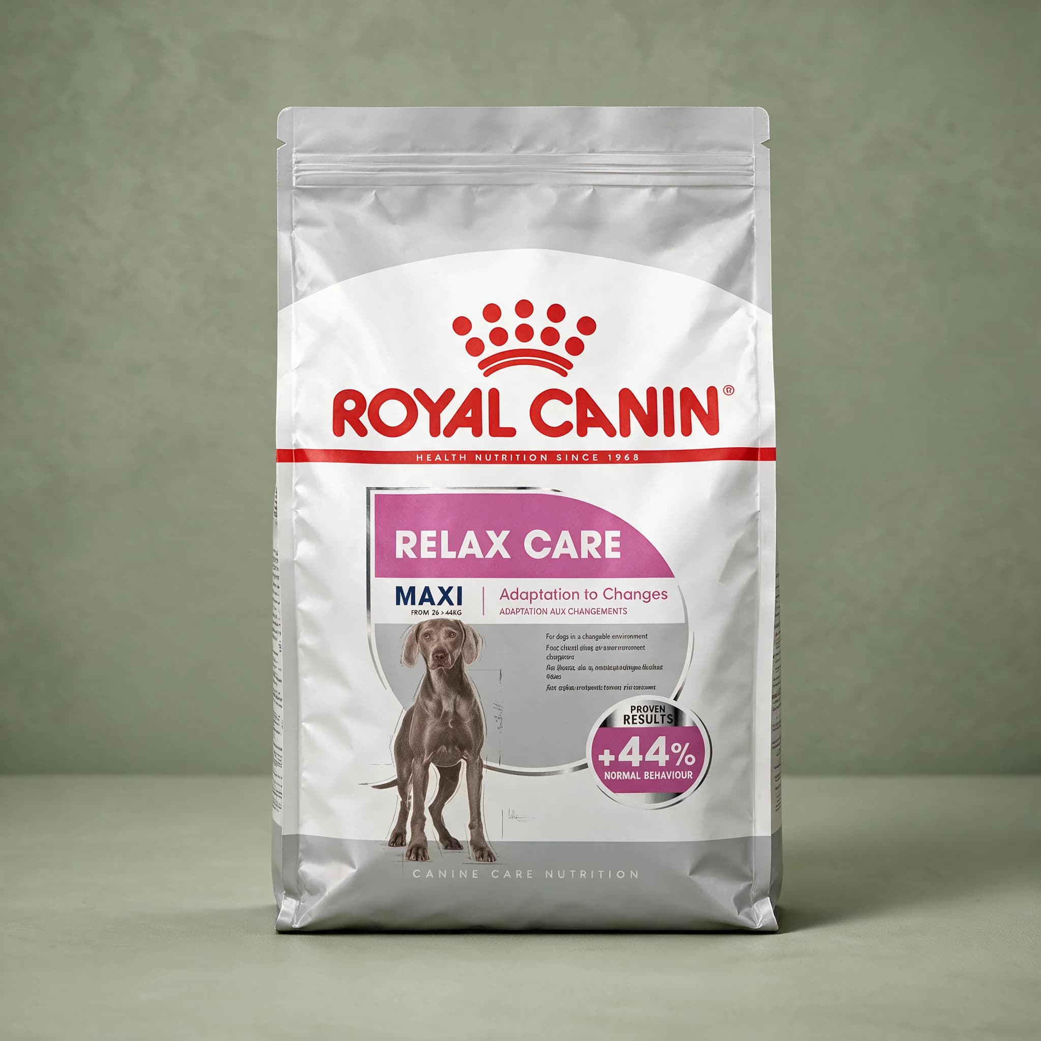 A grey and white Royal Canin Relax Care Maxi Adult dry dog food bag with a pink "Relax Care" band, an illustrated Weimaraner-type dog, and a "+44% Normal Behaviour" proven-results callout, photographed against a plain sage green studio background.