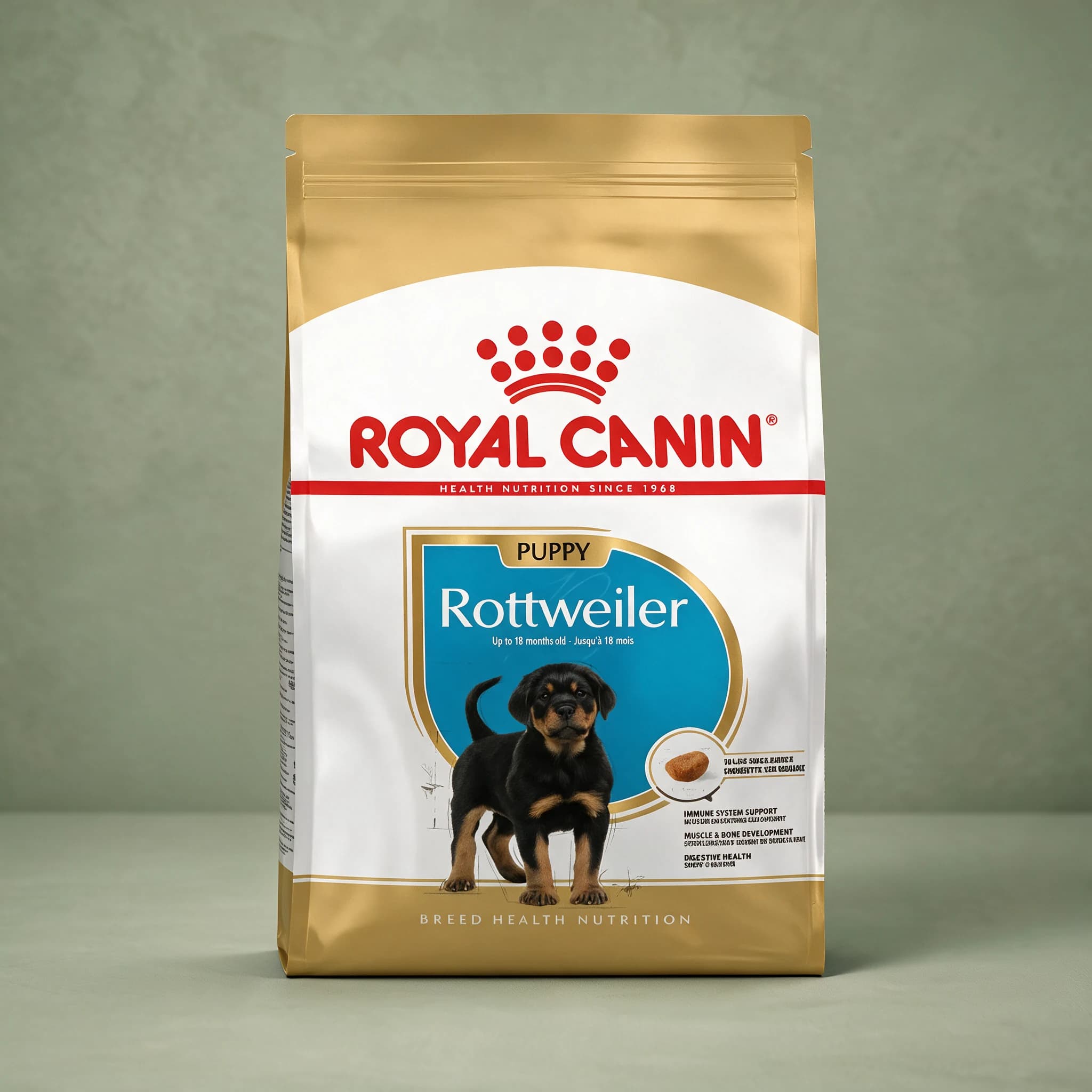 The gold and white Royal Canin Breed Health Nutrition bag labeled "Rottweiler Puppy" with an illustration of a Rottweiler puppy, photographed against a plain sage green studio background.