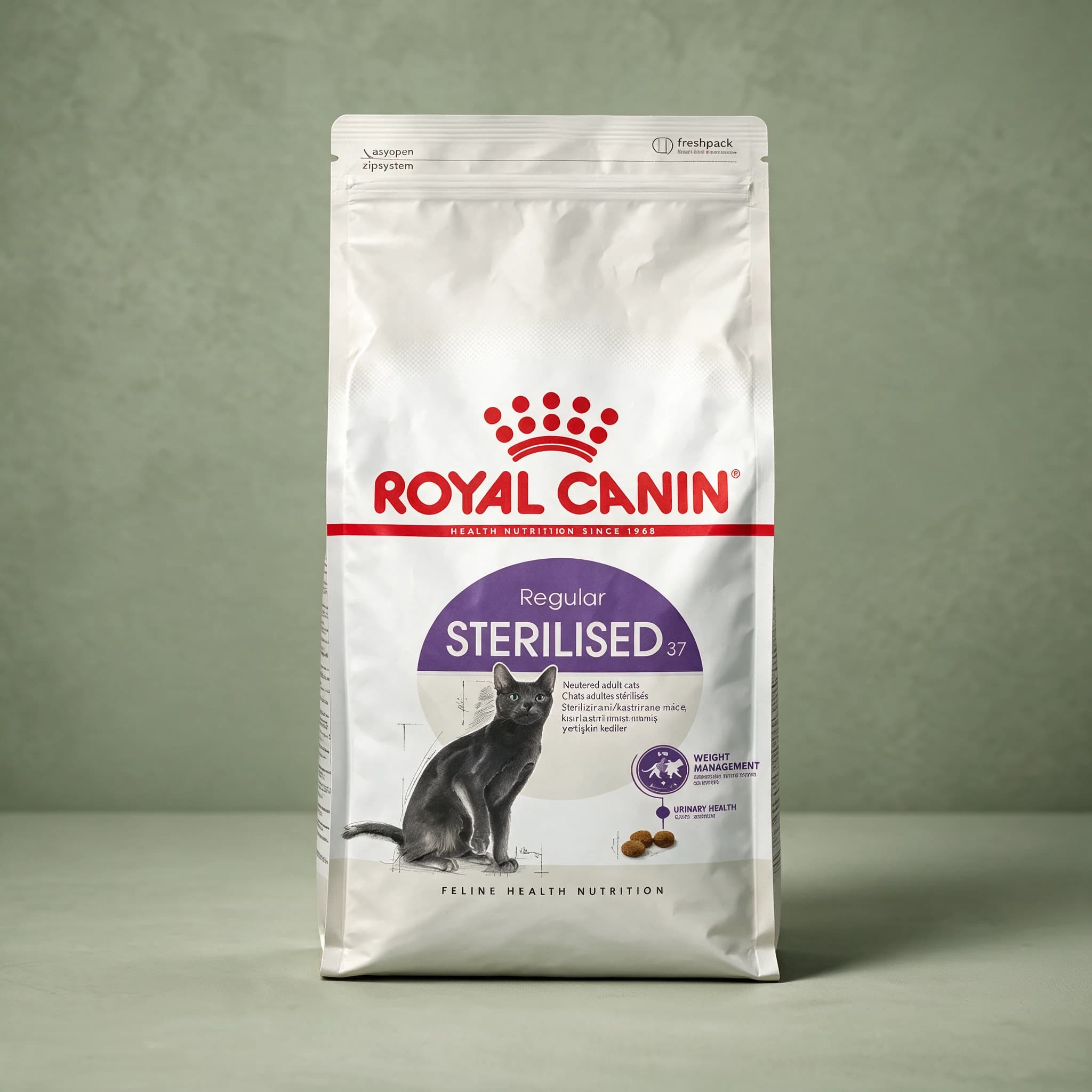 A Royal Canin Sterilised Adult dry cat food bag with a cat illustration on the front, photographed against a plain sage green studio background.