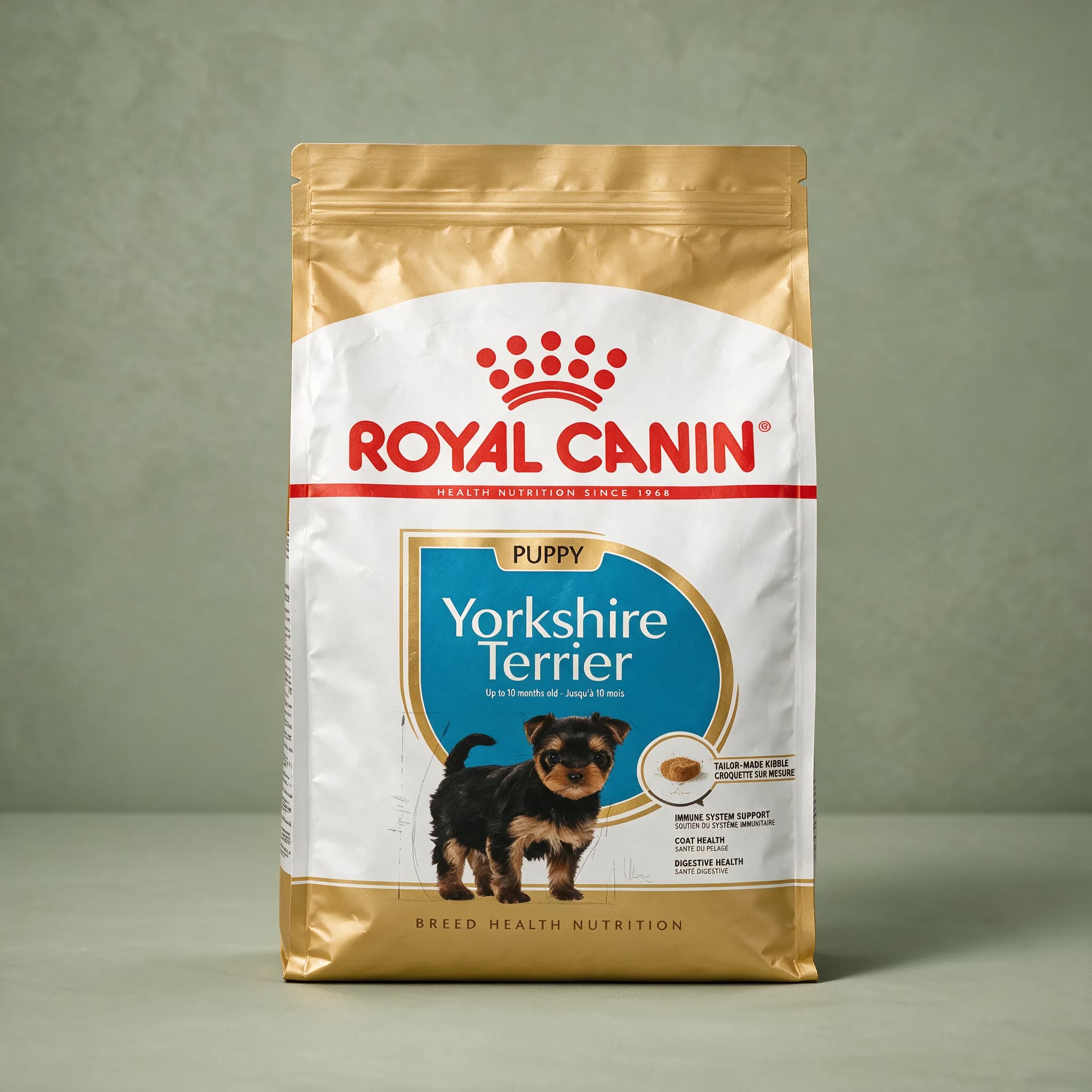 A gold and white Royal Canin bag labeled "Puppy Yorkshire Terrier" for puppies up to 10 months old, printed with a Yorkshire Terrier puppy illustration and "Tailor-Made Kibble" callout, standing upright against a sage green studio background.