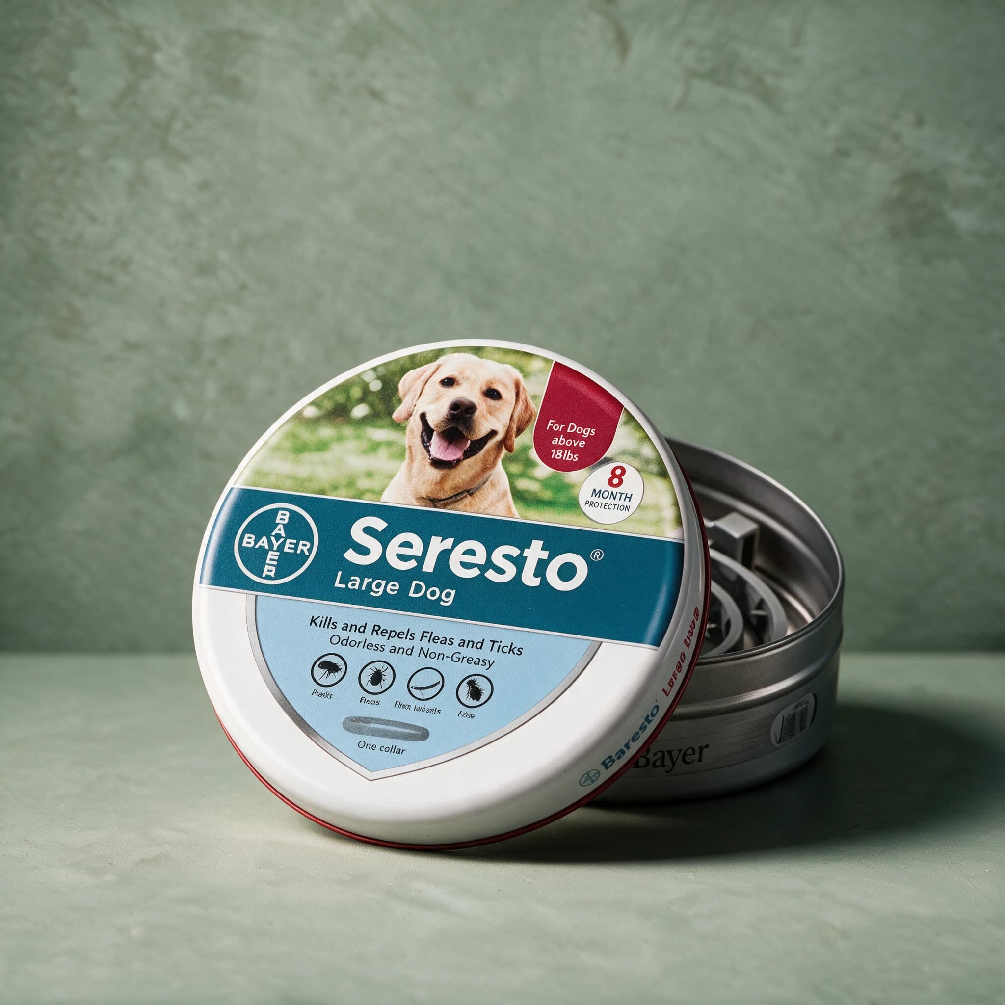 White and blue Seresto Flea & Tick Collar box for large dogs (over 8kg), with the Seresto logo, and a large dog photo.