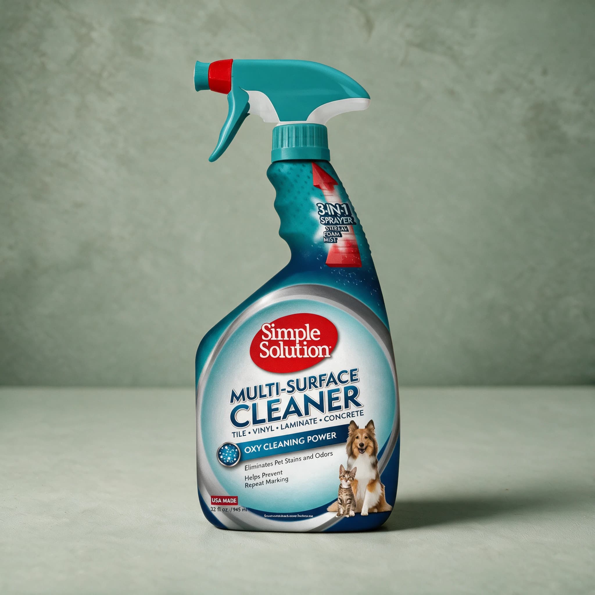 Spray bottle of Simple Solution Multi-Surface Cleaner with a 3-in-1 adjustable nozzle, red, blue and white label with the Simple Solution logo and cat and dog picture.