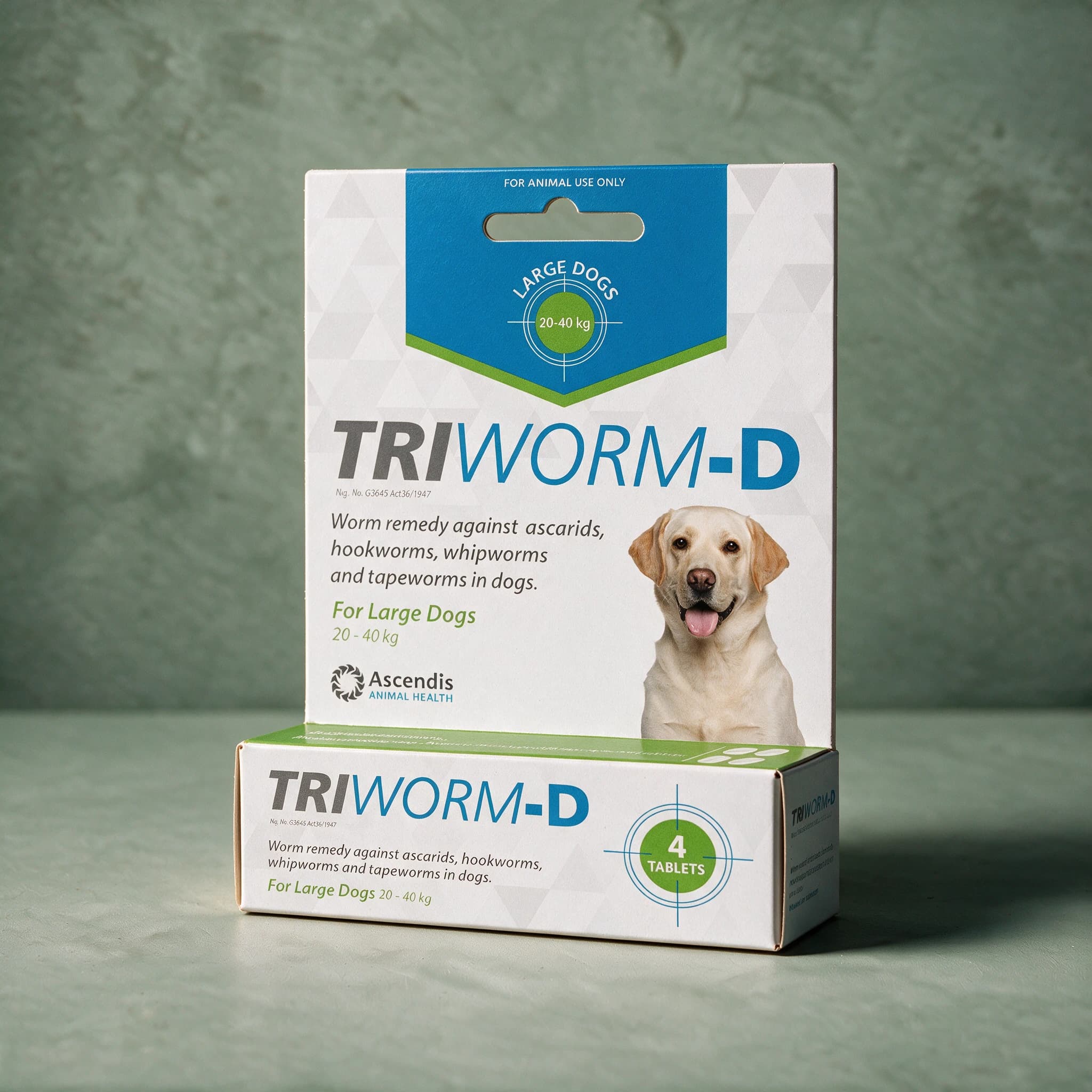 Blue, green and white Triworm-D Dewormer for Dogs box, Large Dog pack (4 tablets), with a Labrador dog photo on the front panel.