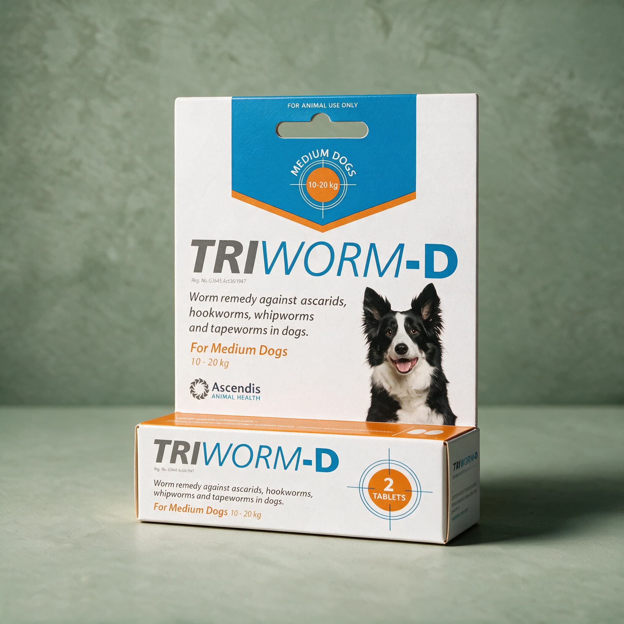 Blue, orange and white Triworm-D Dewormer for Dogs box, Medium Dog pack (2 tablets), with a Collie dog photo on the front panel.