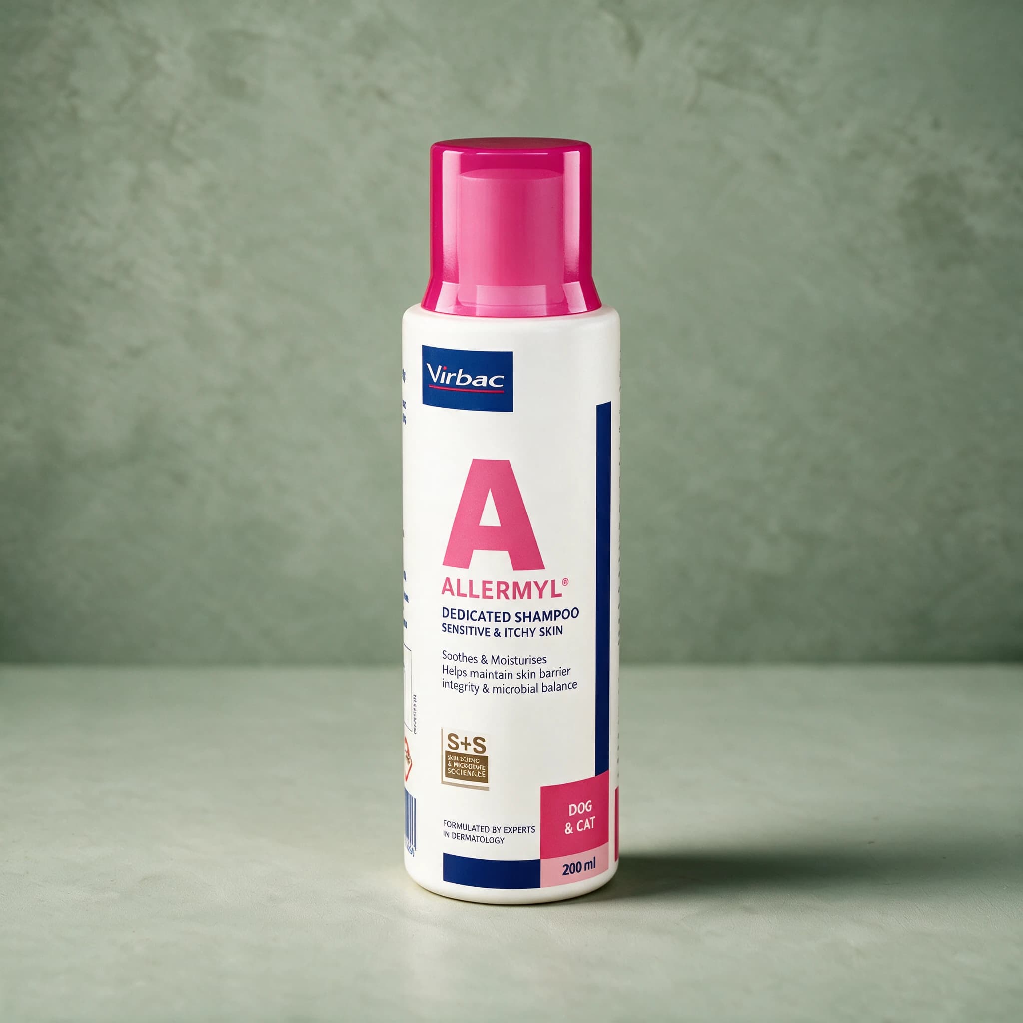 White and pink 200ml bottle of Virbac Allermyl Dedicated Shampoo for sensitive and itchy skin, with the Virbac logo and blue accent band on the label.