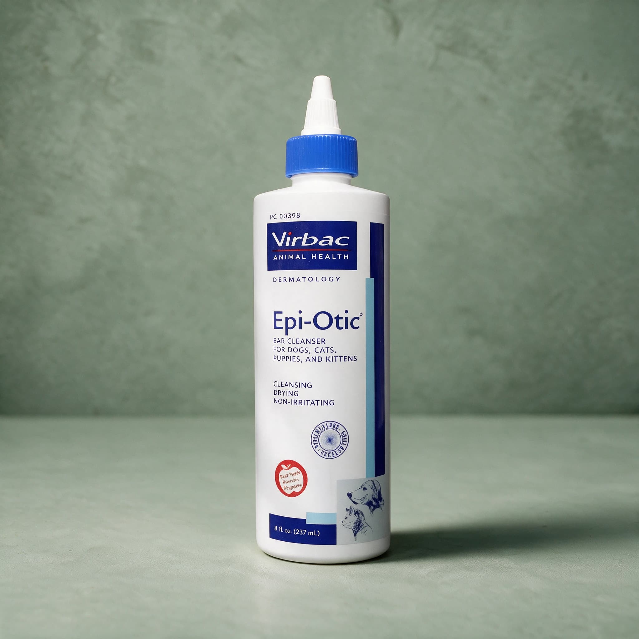 White and blue bottle of Virbac Epi-Otic Ear Cleanser with a screw-top applicator cap, the Virbac logo and blue accent band on the label.
